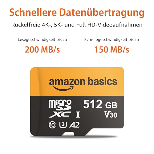 Amazon Basics microSD-Karte 512 GB | UHS-I U3 A2, bis zu 200 MB/s, für 4K/5K-Video