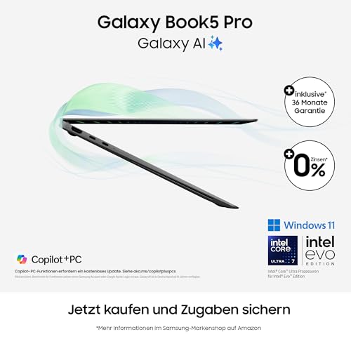 Samsung Galaxy Book5 Pro AI-Laptop - i7 Ultra Prozessor, 16GB RAM, 512GB Speicher, Copilot