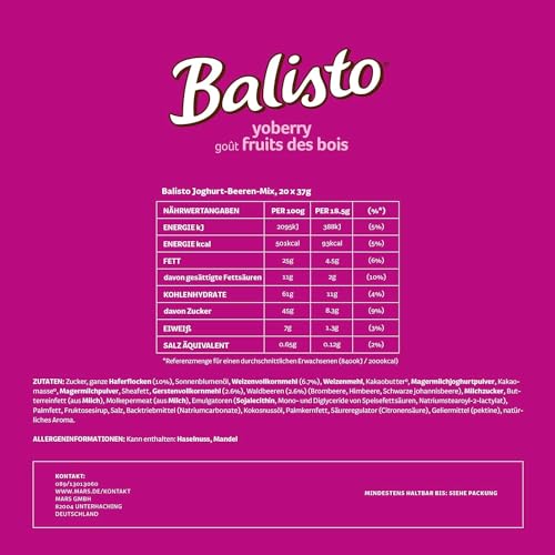 BALISTO Schokoladen Großpackung | Getreide Schokoriegel mit Joghurt-Beeren (20x 37g = 740g)