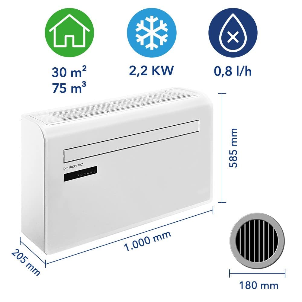 TROTEC Mobile Wandklimaanlage (PAC-W 2200 S) mit 4-in-1 Kühlung, Beheizung, Ventilation: 8000BTU