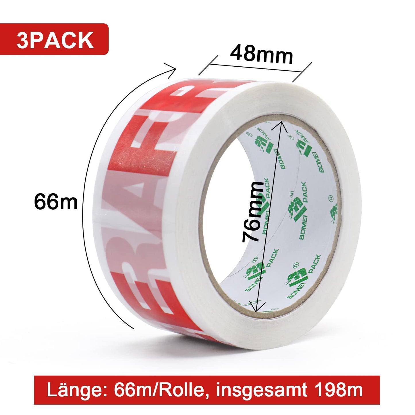 BOMEI PACK Paketklebeband zum Verpacken von Paketen (3 Rollen - Red Fragile)