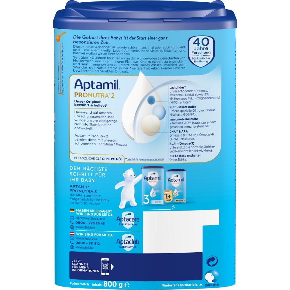 Aptamil Pronutra 2 Folgemilch nach dem 6. Monat, Mit DHA & ARA, Nur Laktose, Ohne Palmöl (1x 800g)