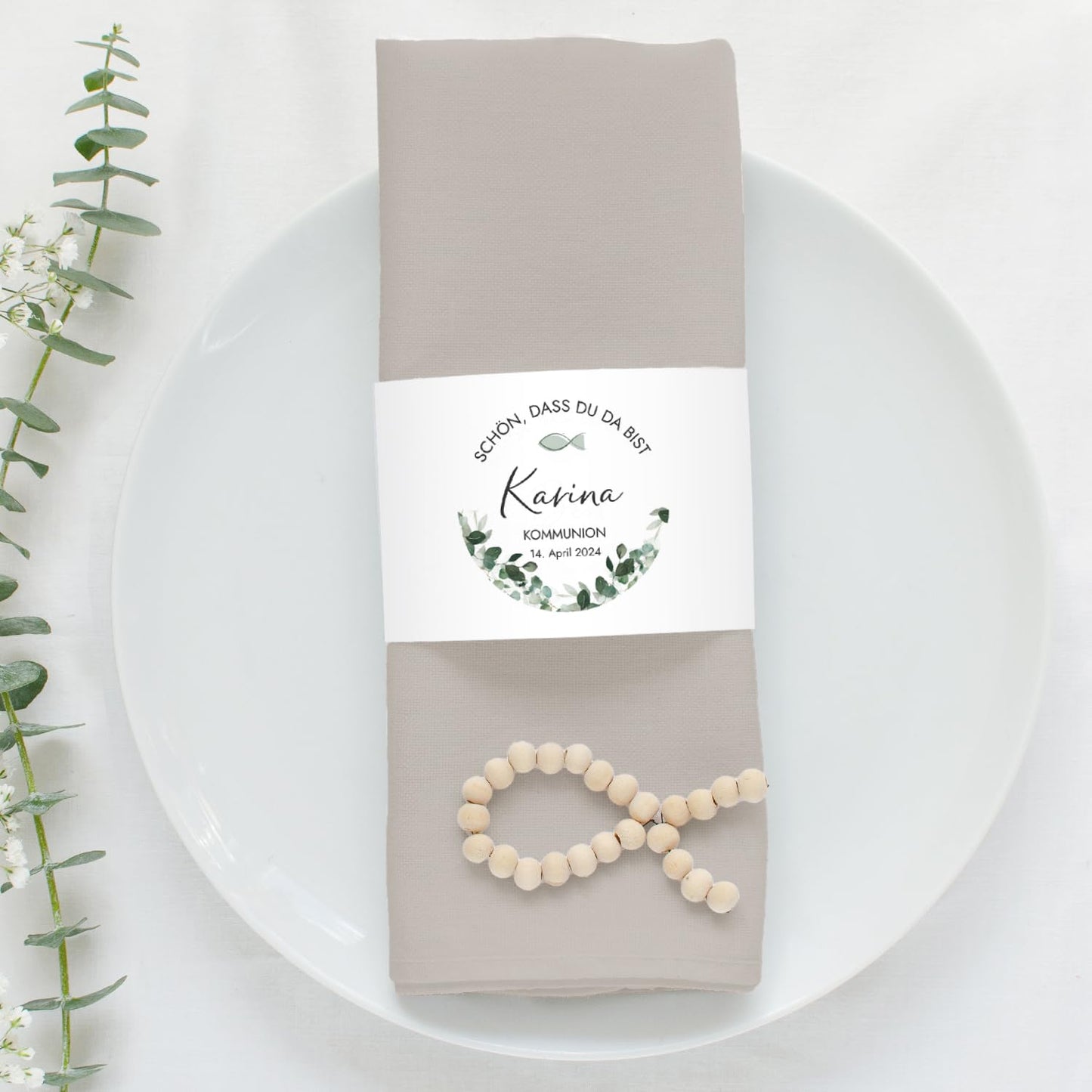 12x Servietten Banderole personalisiert (21x6,5cm) mit Eukalyptus Greenery Design