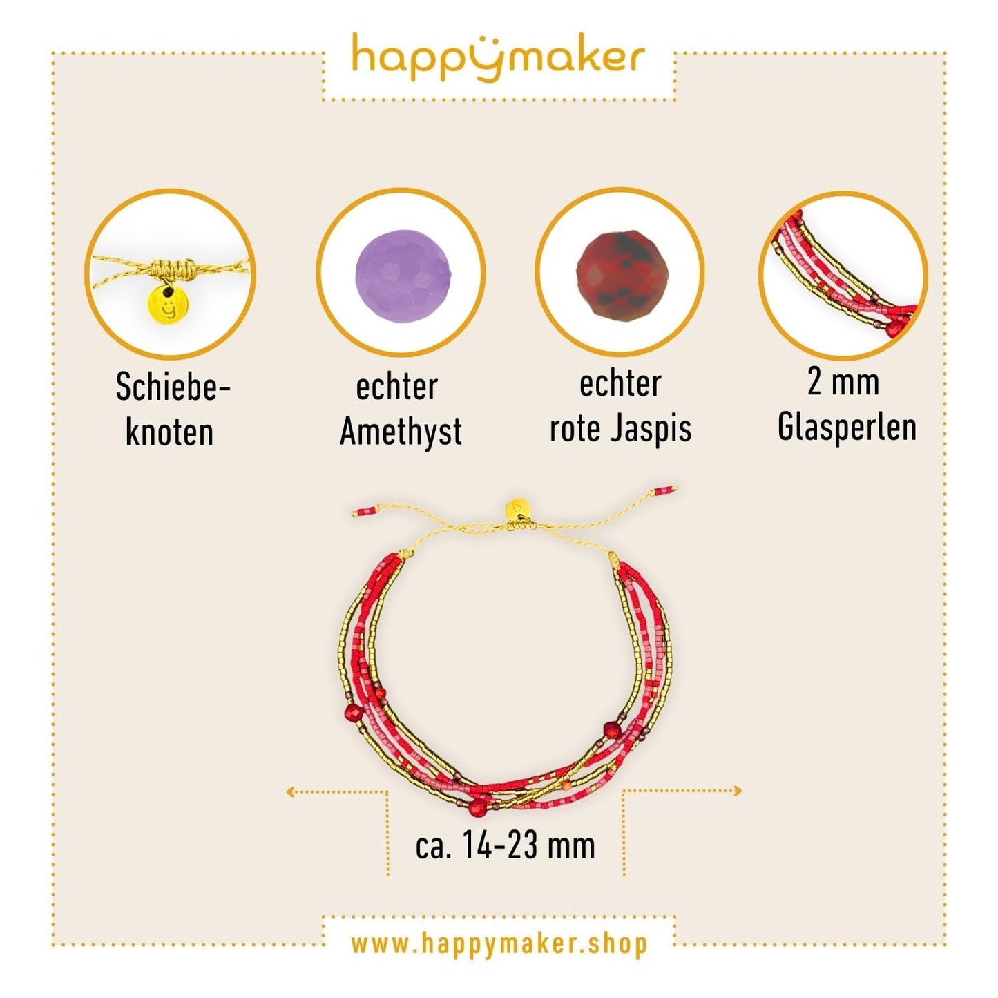 happymaker Damen Perlenarmband mit echten Edelsteinen, Amethyst und roter Jaspis