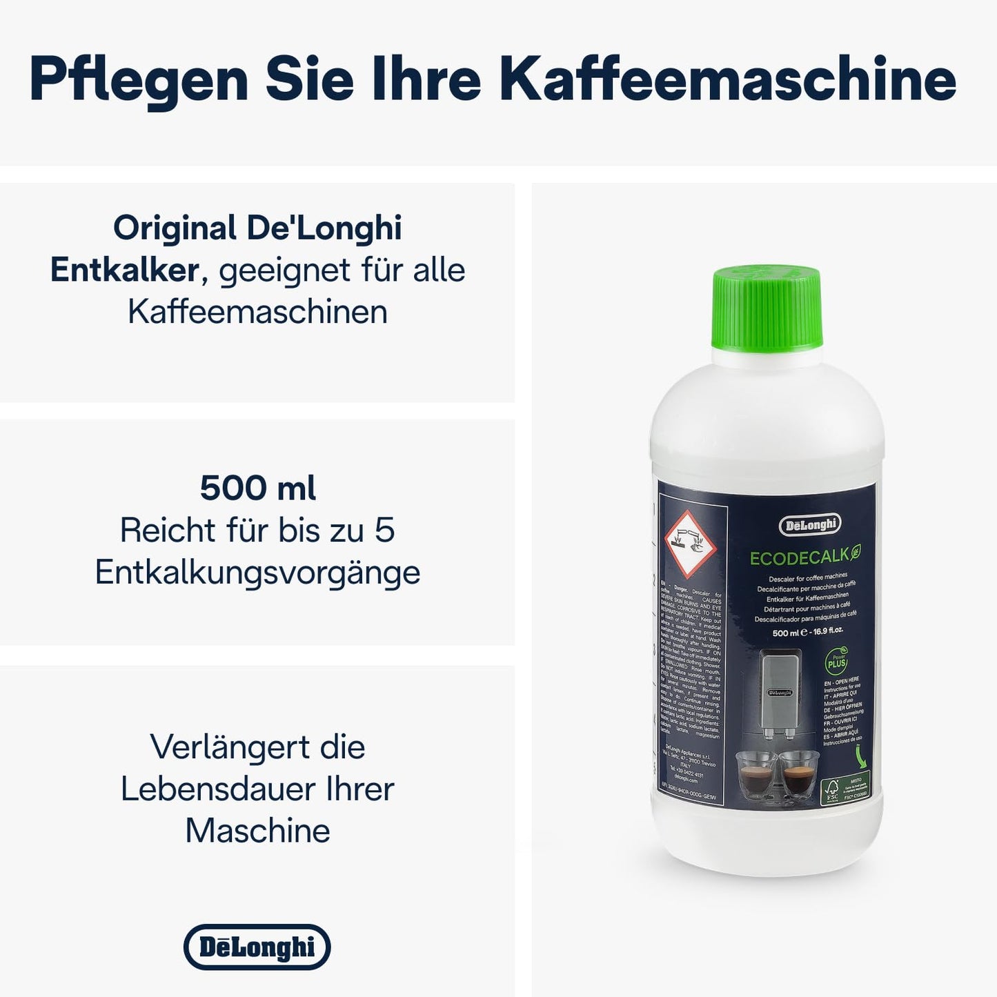 De'Longhi EcoDecalk Entkalker (500ml) | Für Kaffeemaschinen und Kaffeevollautomaten