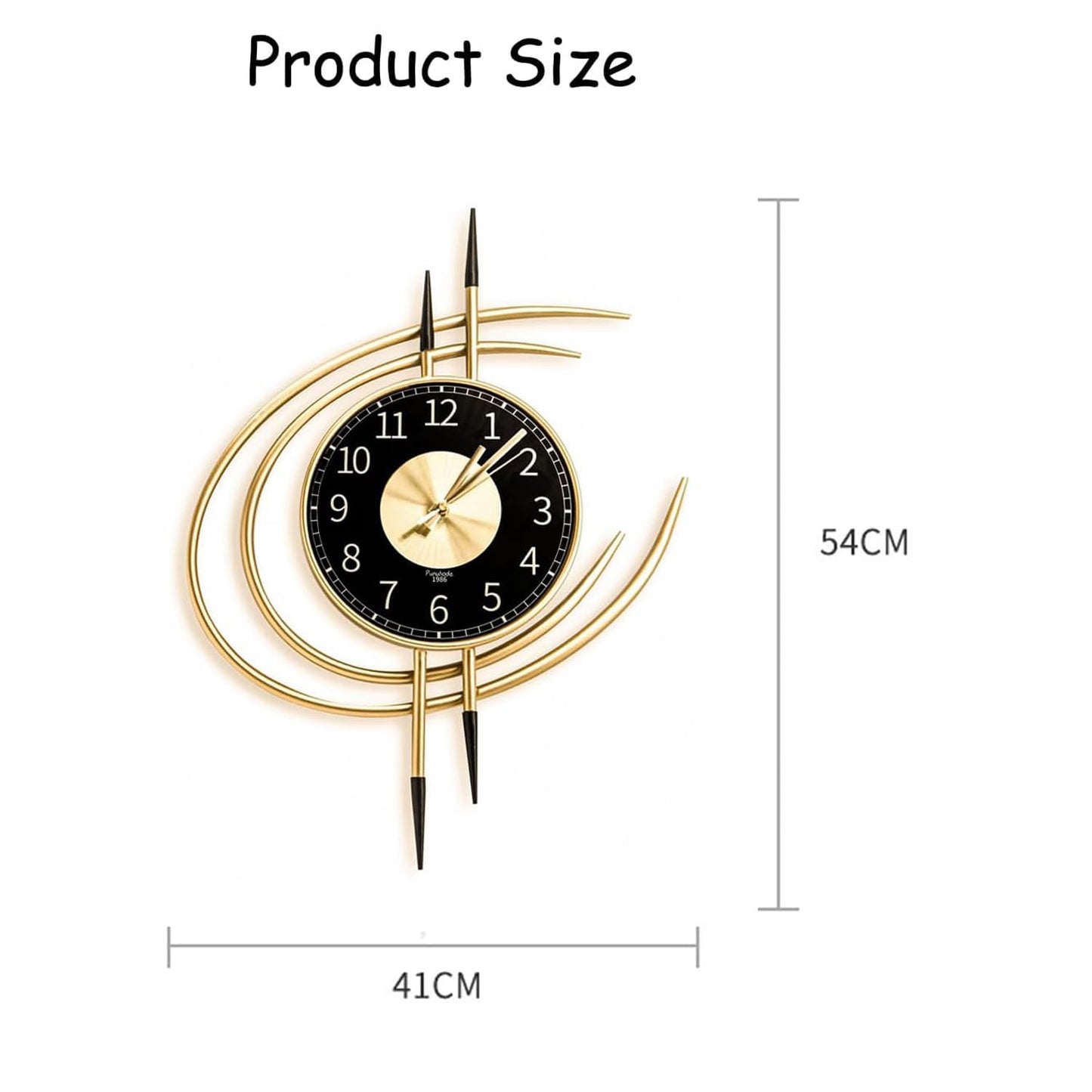 Large modern decorative wall clock (54cm) without ticking noise in gold-black design
