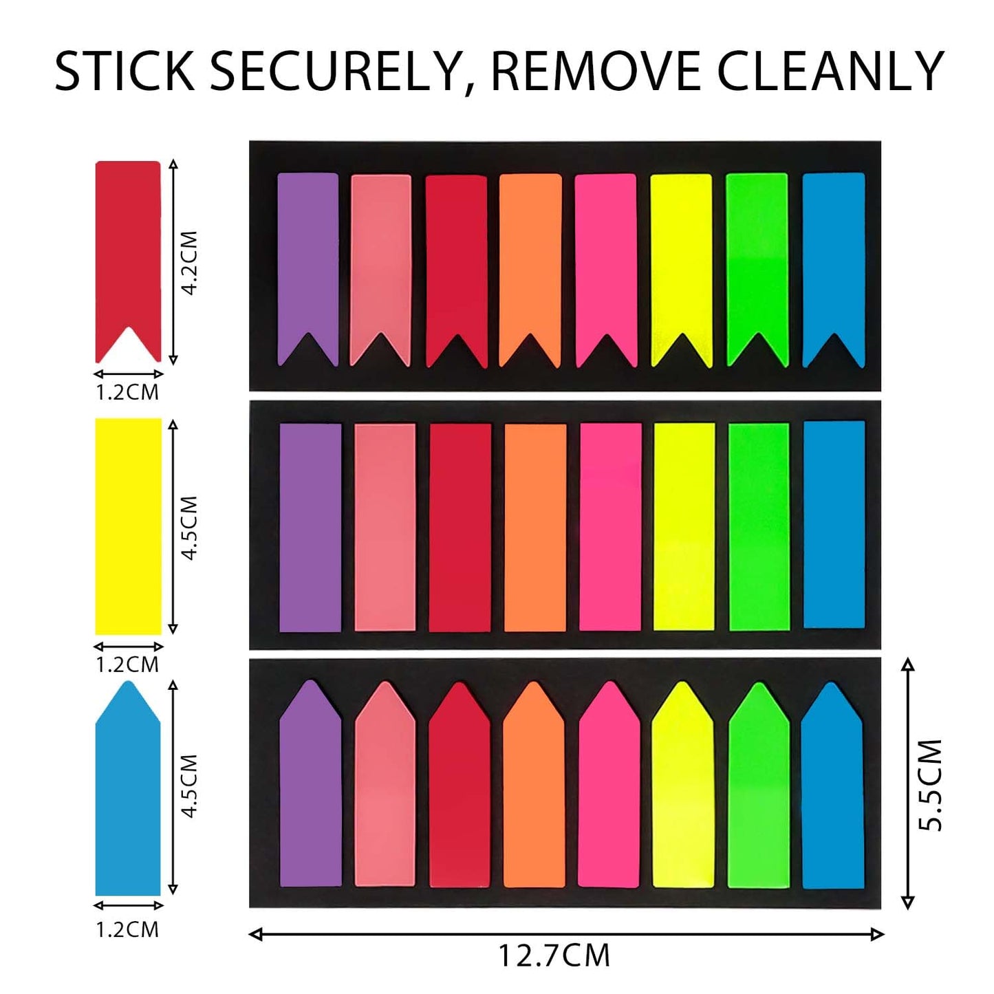 Sticky-Notes Haftstreifen (1200 Stück): Seitenmarker - 3 Designs, 8 Farben