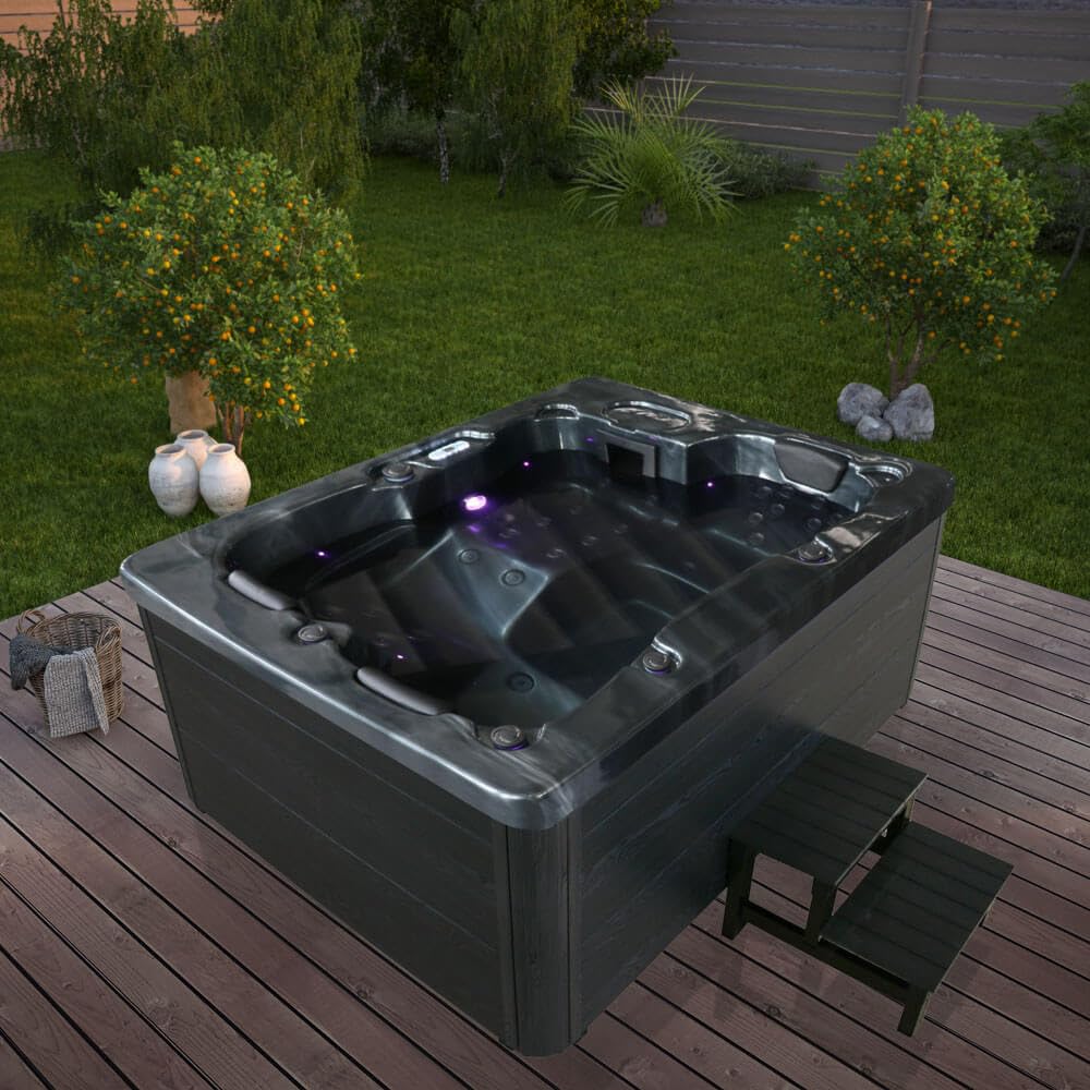 Home Deluxe Outdoor-Whirlpool 'Black Marble Plus' mit Treppe und Thermoabdeckung: Heizung, LED
