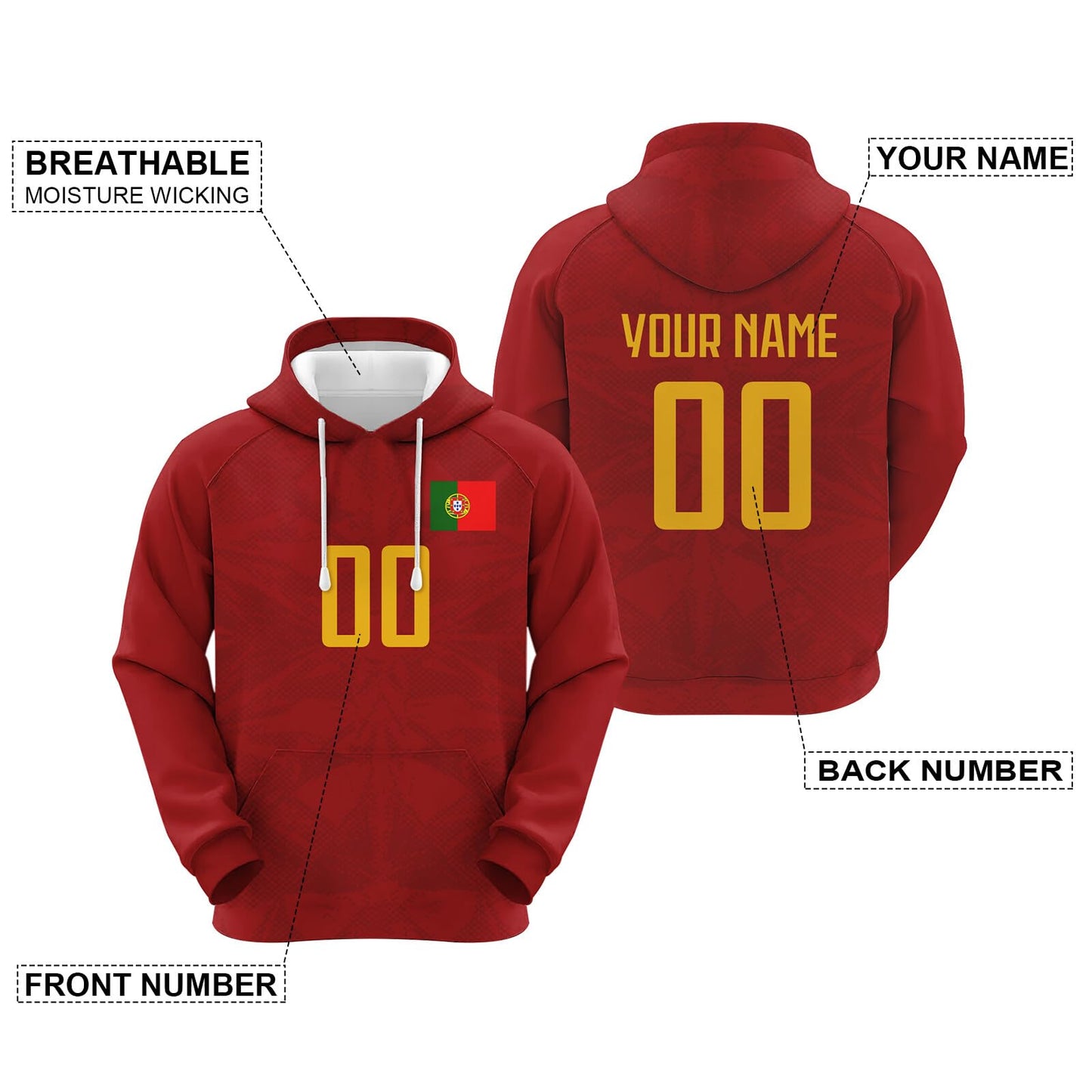 PORTUGAL Personalisiertes Kapuzenpullover mit Namen und Nummer in Bordeaux