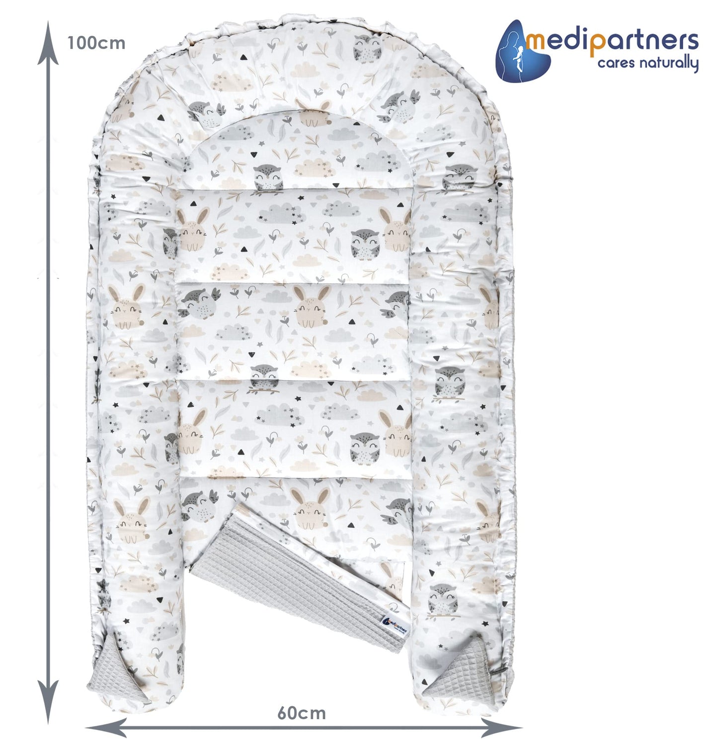 Medi Partners baby nest for newborns made of 100% cotton (100x60x15cm): owl motif