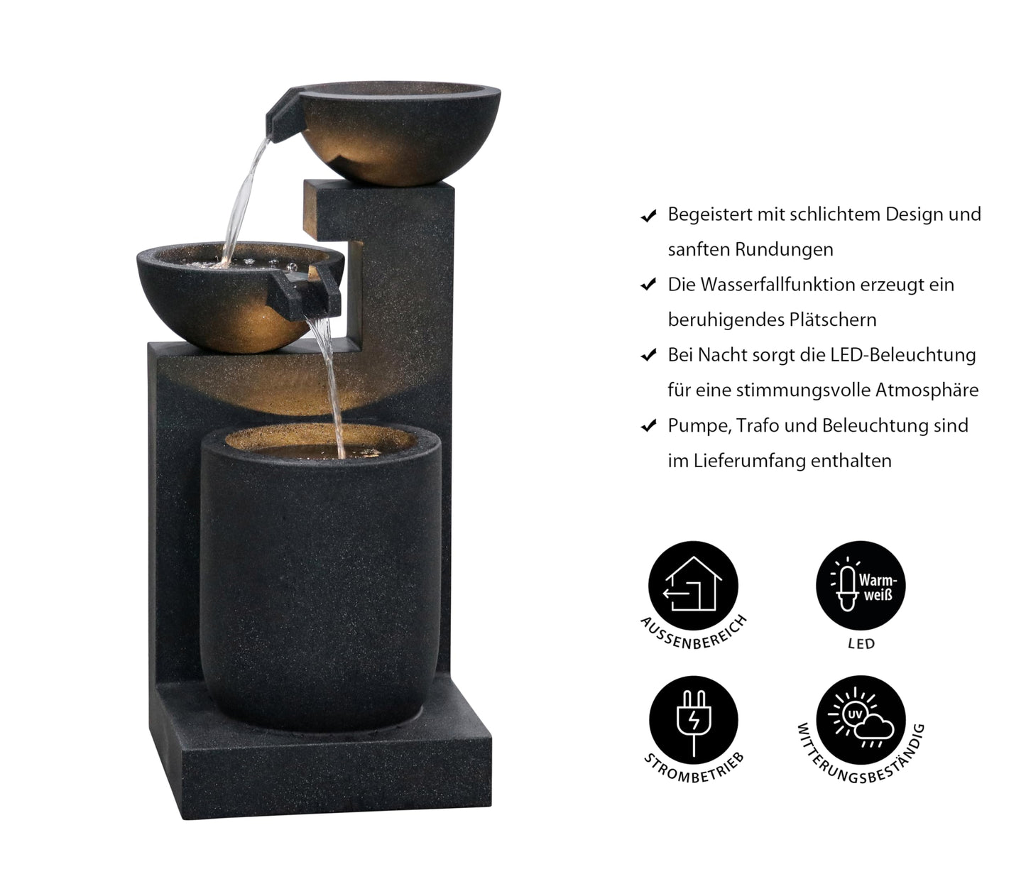 Dehner Gartenbrunnen Samson, Terassenbrunnen frostbeständig, Brunnen für Außen, mit LED Beleuchtung, ca. 100 x 54.5 x 54.5 cm, Polyresin, schwarz