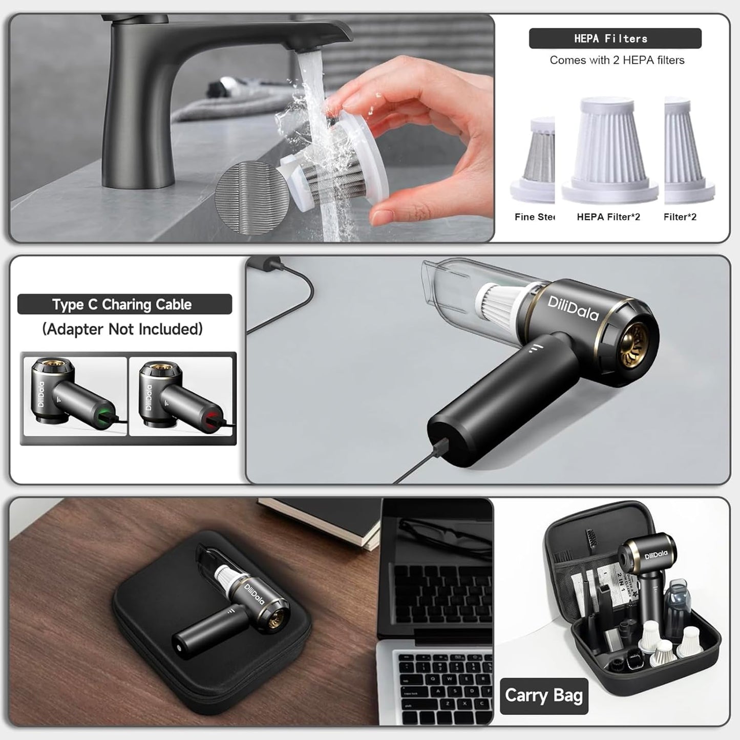 Cordless handheld vacuum cleaner (25000PA) with electric dust blower for car, office