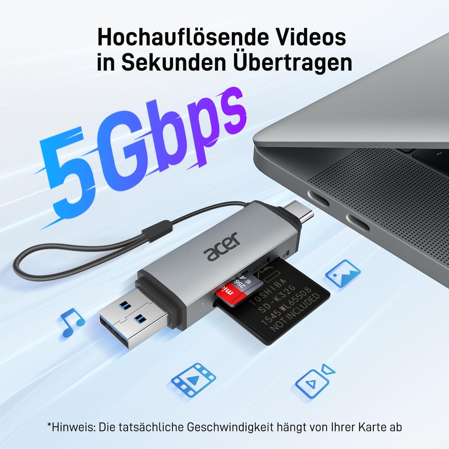 acer USB-C, USB 3.0 Kartenleser | Dual-Slot SD/microSD Adapter für PC, Mac, Smartphone