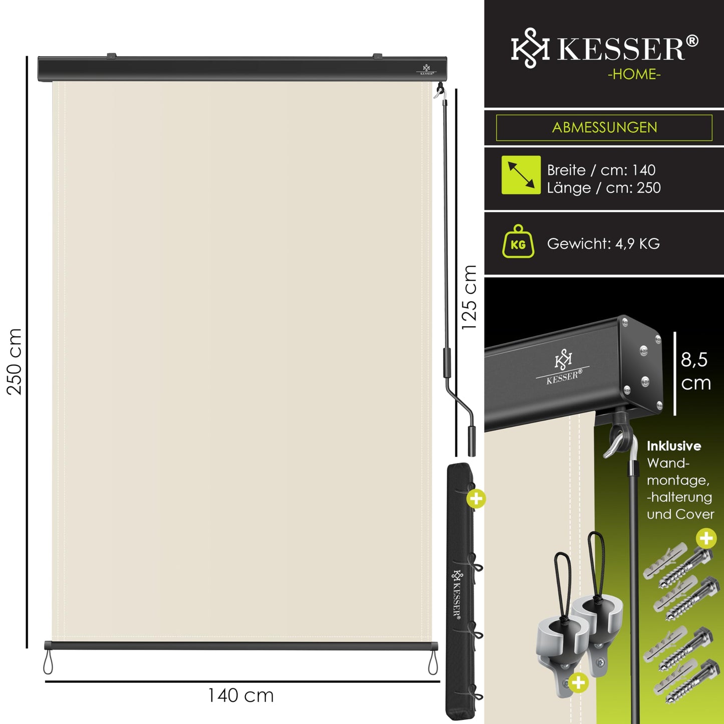 KESSER® Senkrechtmarkise mit Handkurbelmechanismus: Sonnen-und Sichtschutz inkl Montageset & Abdeckung