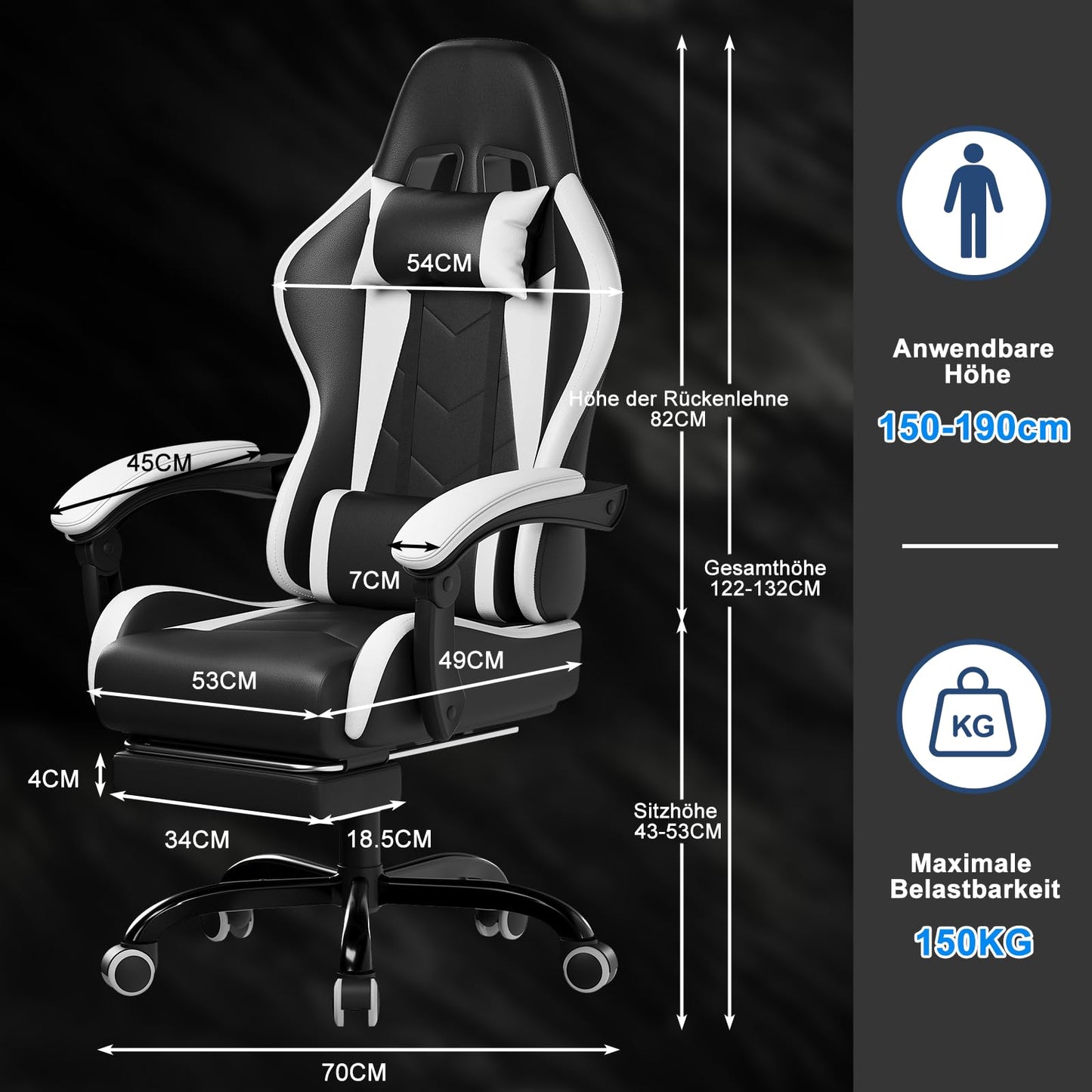 DEVOKO Ergonomic Massage Gaming Chair with Footrest (150kg load capacity, 360° rotatable)