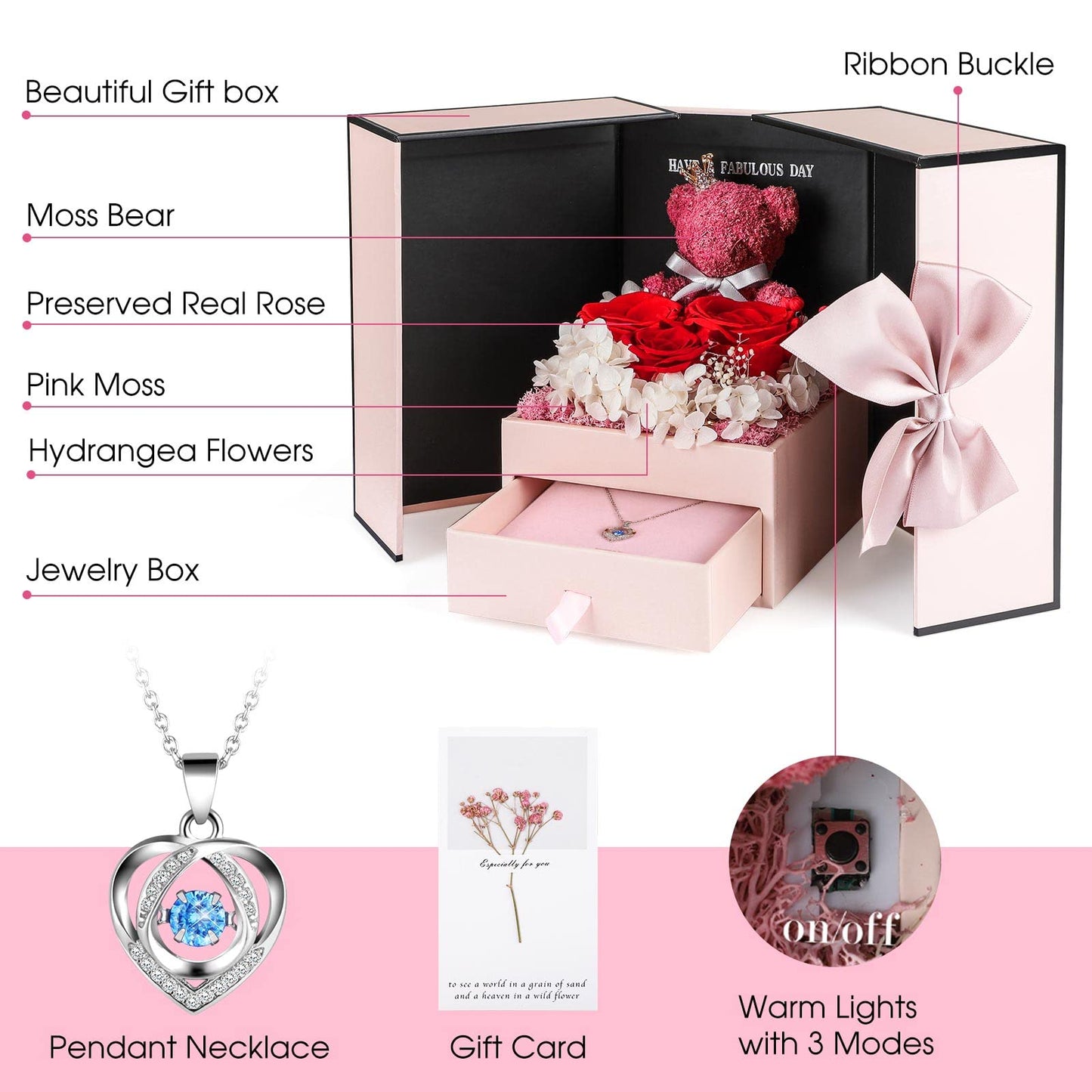 Eternal rose with heart necklace for women made of 925 silver: including gift box