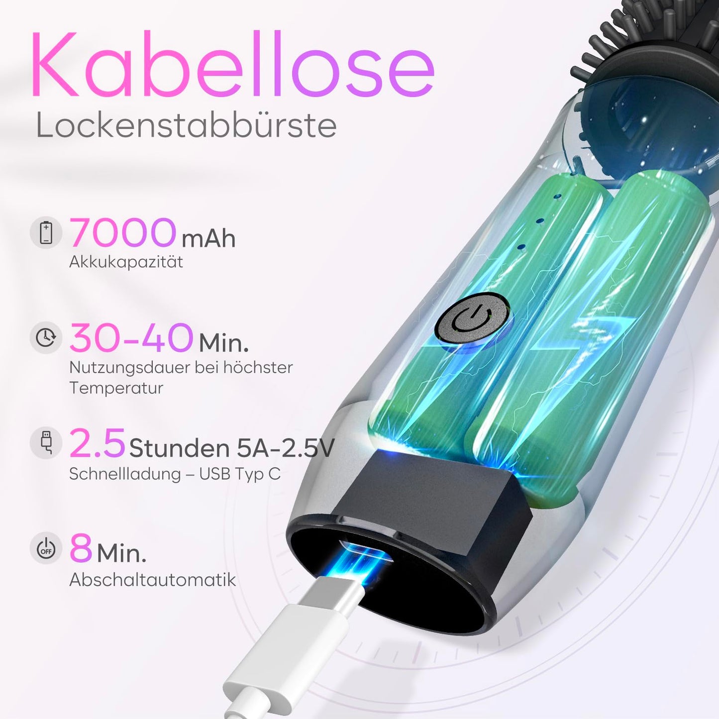 Wireless Reise-Lockenstab-Minibürste für Frauen (7000mAh): USB-Aufladbar mit Negativen Ionen