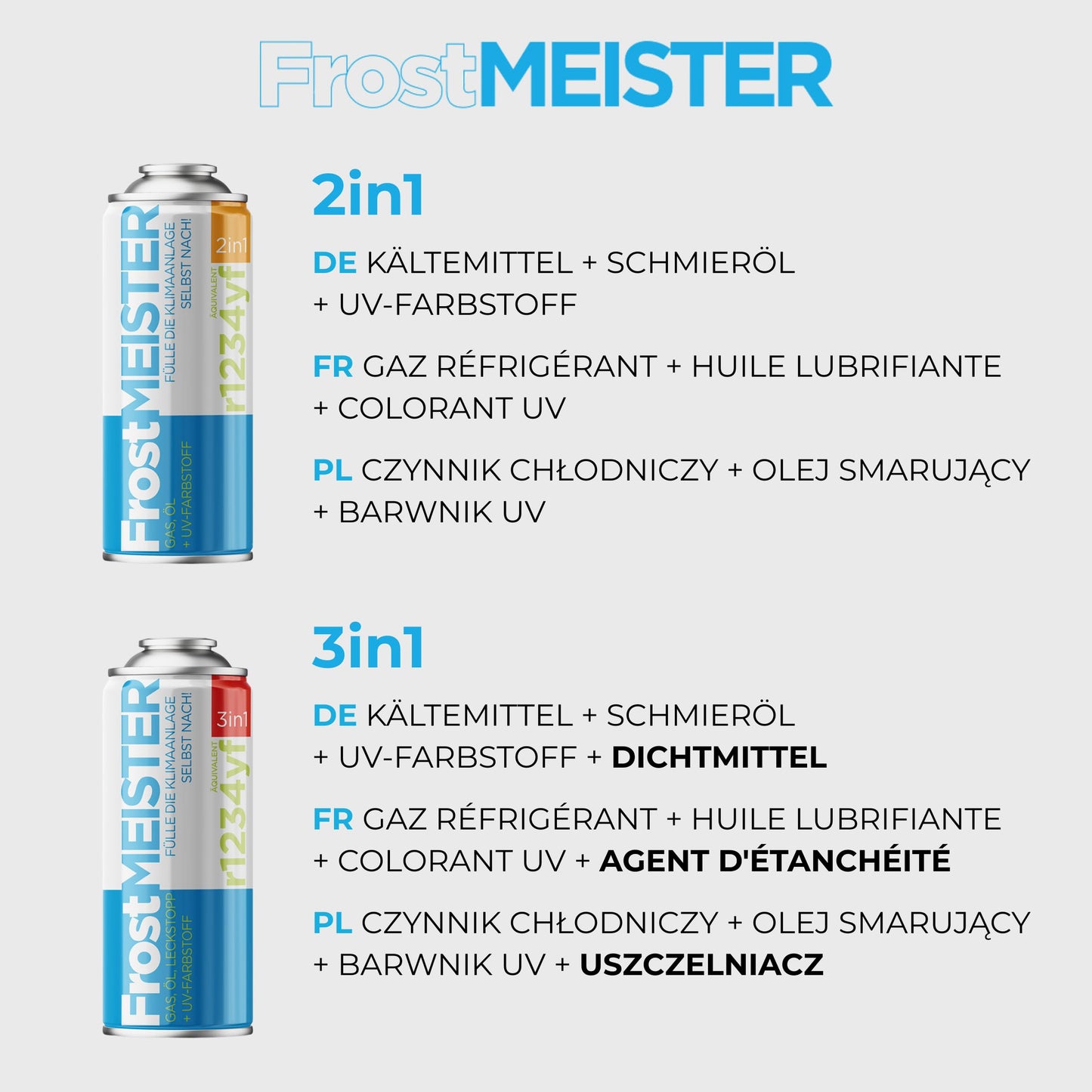 FrostMEISTER 3-in-1 Auto-Klimaanlage Nachfüllset für R134a (2x 400ml Dose & Schlauch mit Manometer)