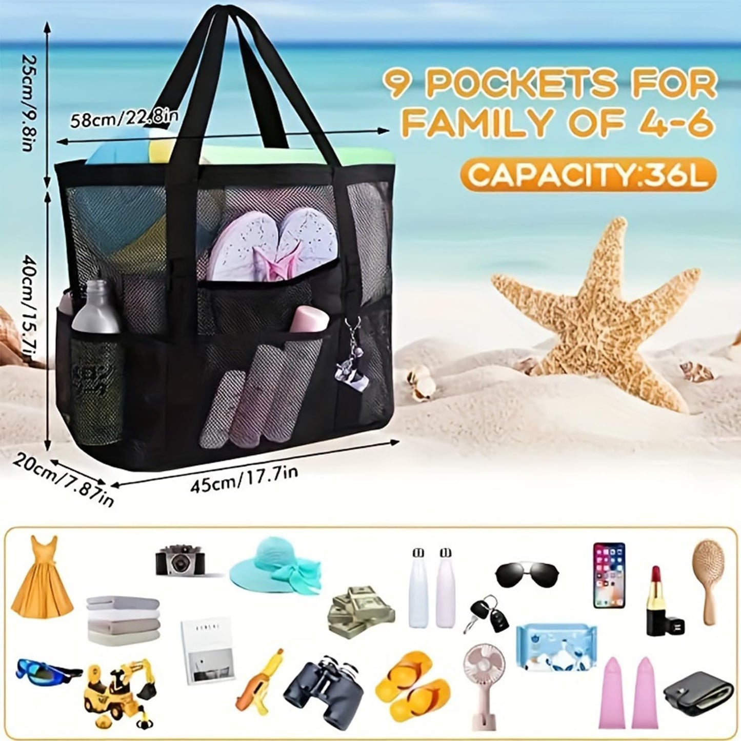 Große Netz-Strandtasche mit Taschen & Reißverschluss für Strand, Urlaub, Reise
