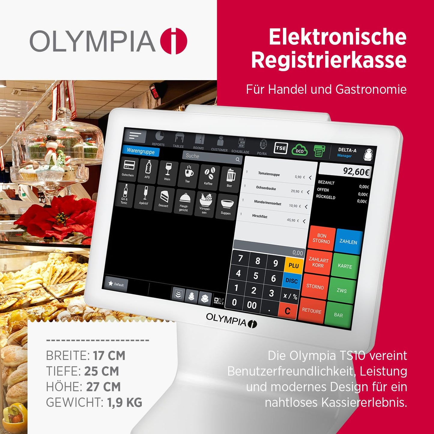 Olympia TS10 Touchscreen Kassensystem für Gastronomie & Einzelhandel: Scanner, Kundenanzeige