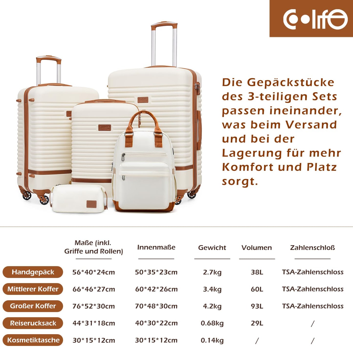 COOLIFE hard-shell travel suitcase set (5 pieces): ABS, 4 wheels, TSA lock | White-brown