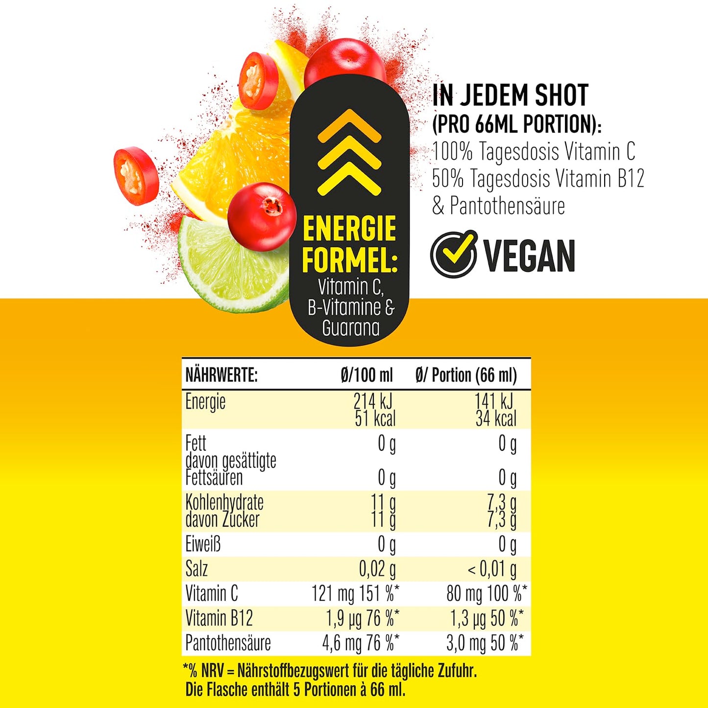 hohes C Super Shots Energie (3x 330ml): Vegan, ohne Zuckerzusatz & Konservierungsstoffe