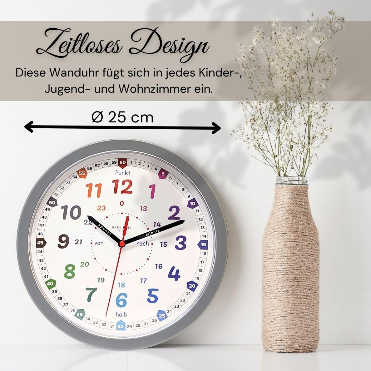 Bada Bing Montessori Wanduhr für Kinder mit bruchfeste Acrylglasscheibe: Lernuhr ohne Tickgeräusche
