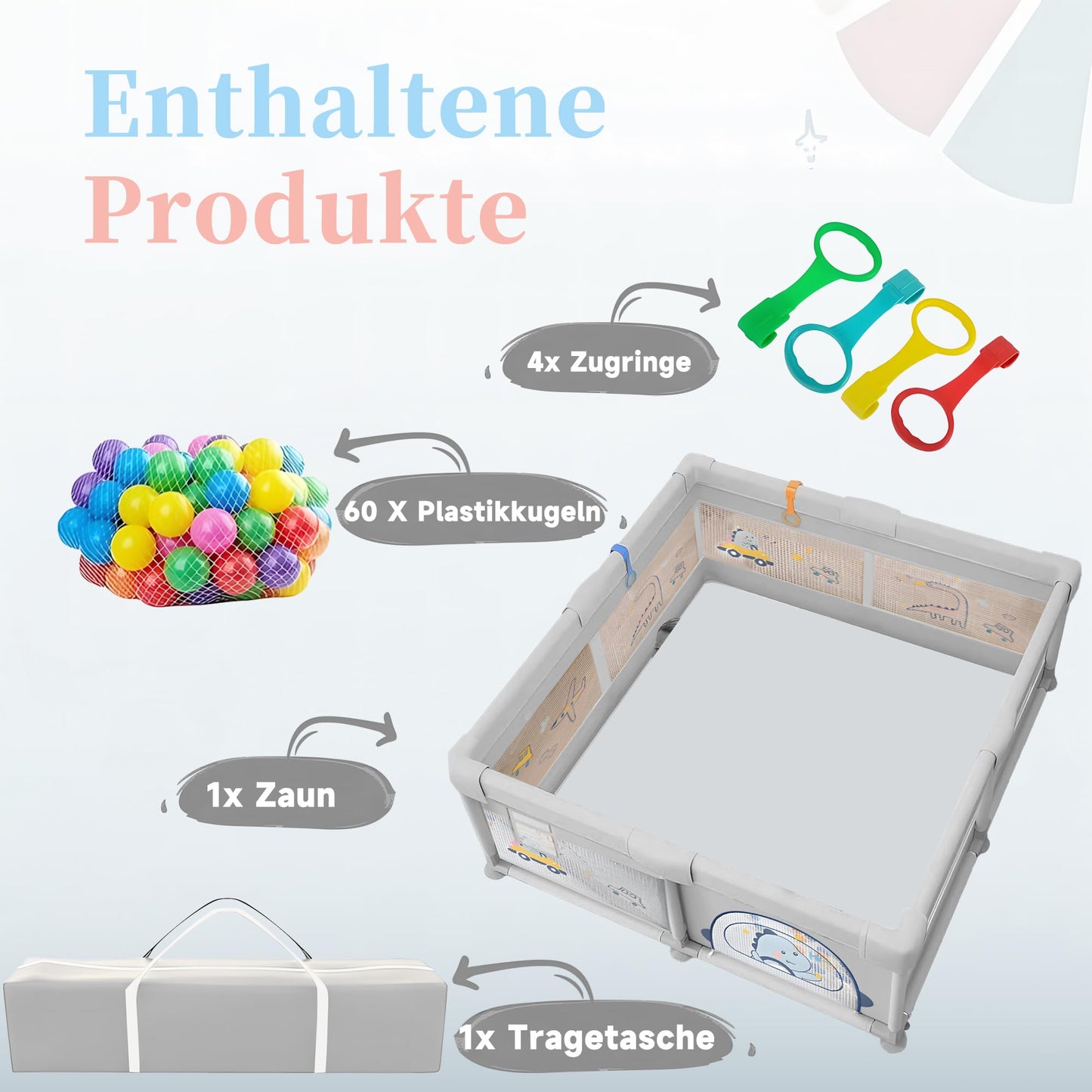 Baby playpen with non-slip floor (200x180cm) including 60 sea balls, 4 handles, playpen, storage bag