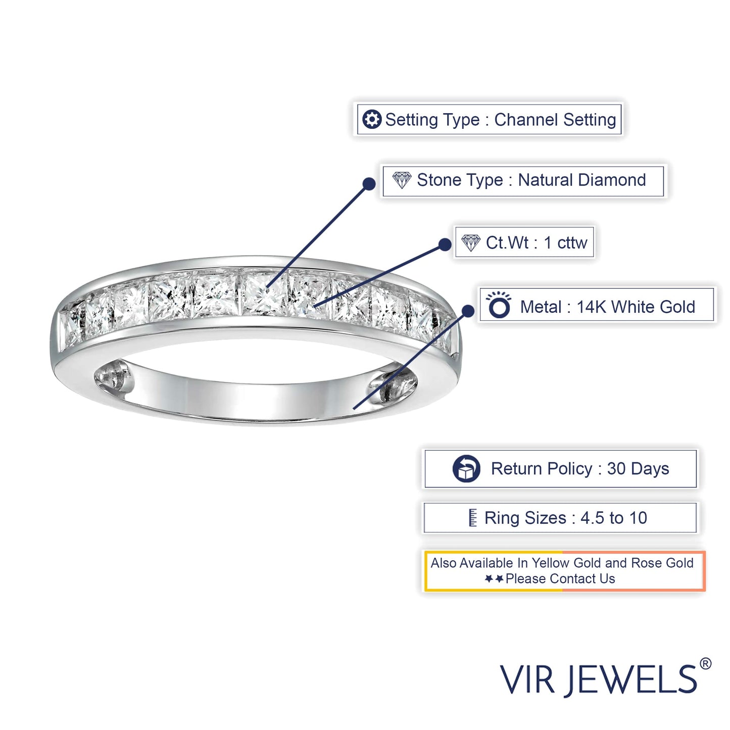 Vir Jewels Princess Cut 14K White Gold Diamond Ladies Ring: White/Crystal (J)