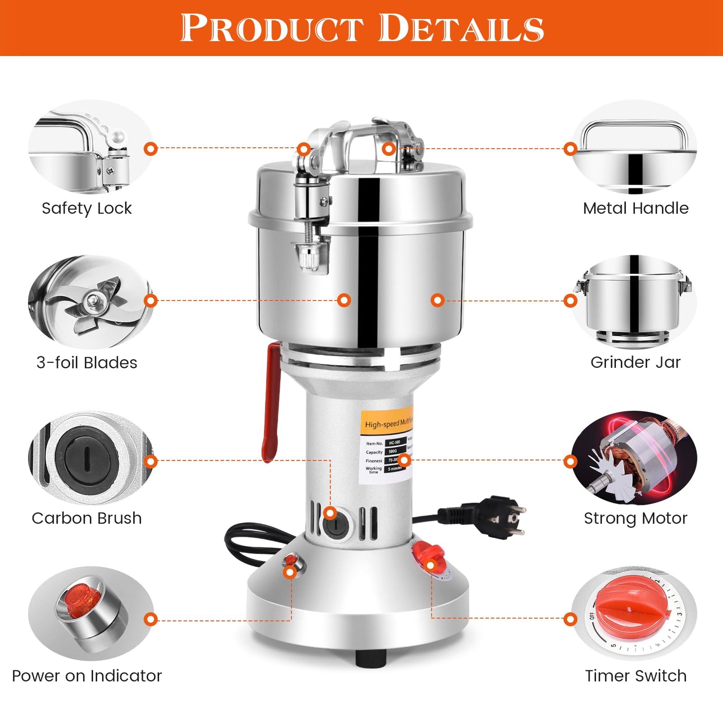 Elektrische Getreidemühle (500g) aus Edelstahl: High Speed mit 28000rpm Starker Motor