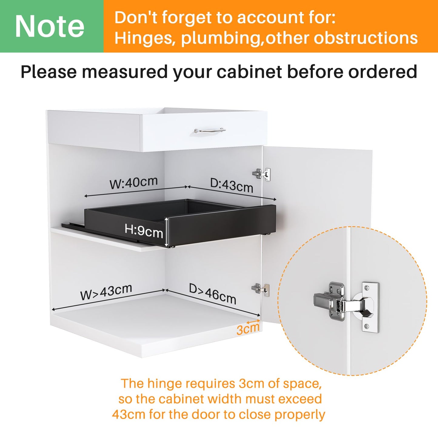 Extendable telescopic drawer storage shelf (43x40x9cm): No drilling or nailing