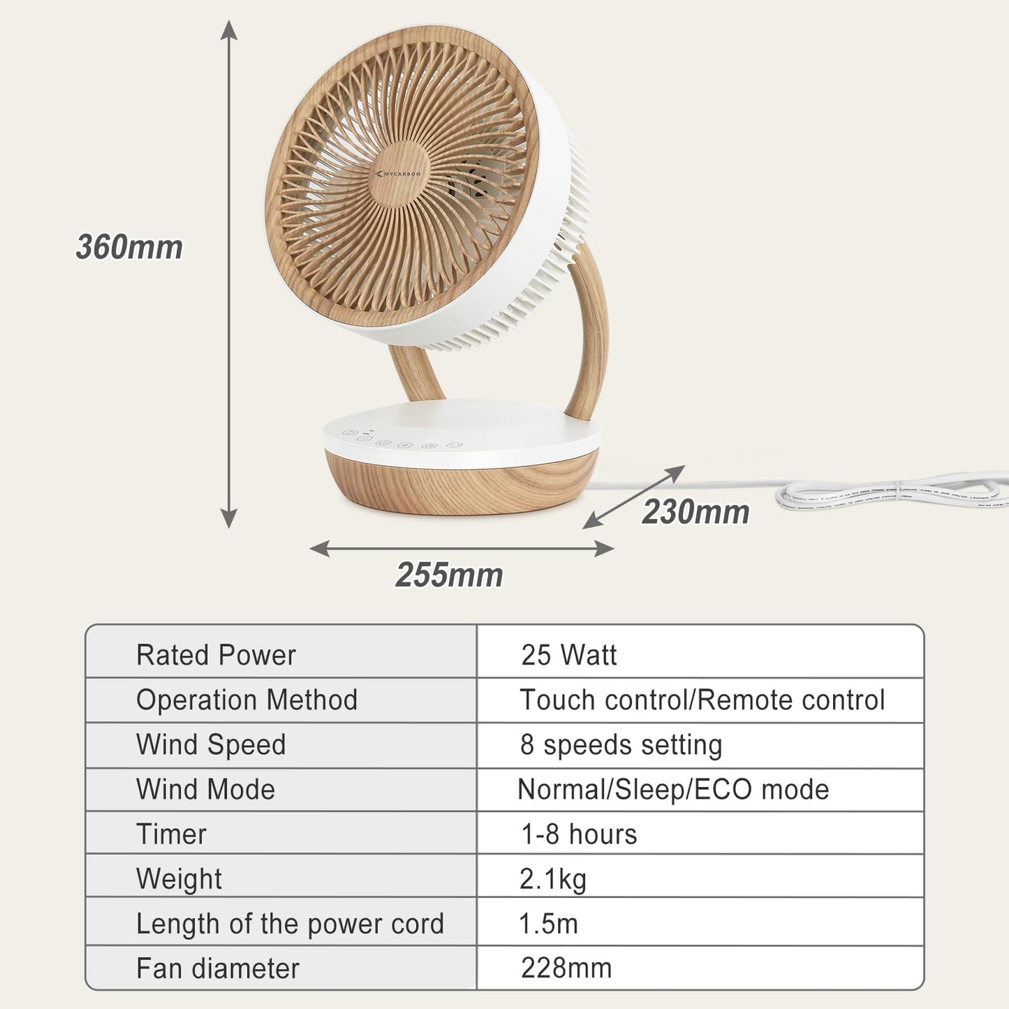 MYCARBON (FS05-DC) Leiser 3D-Raumventilator mit DC-Motor und intelligenter Steuerung