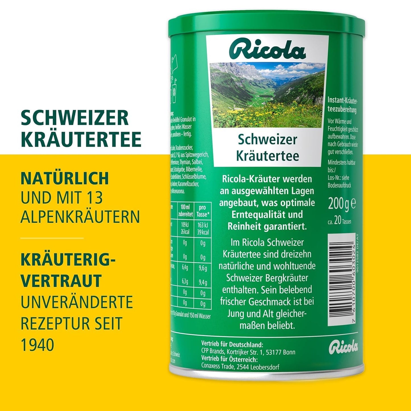 Ricola Original Schweizer Instant-Kräutertee (200g Dose) mit 13 Bergkräutern | Vegan