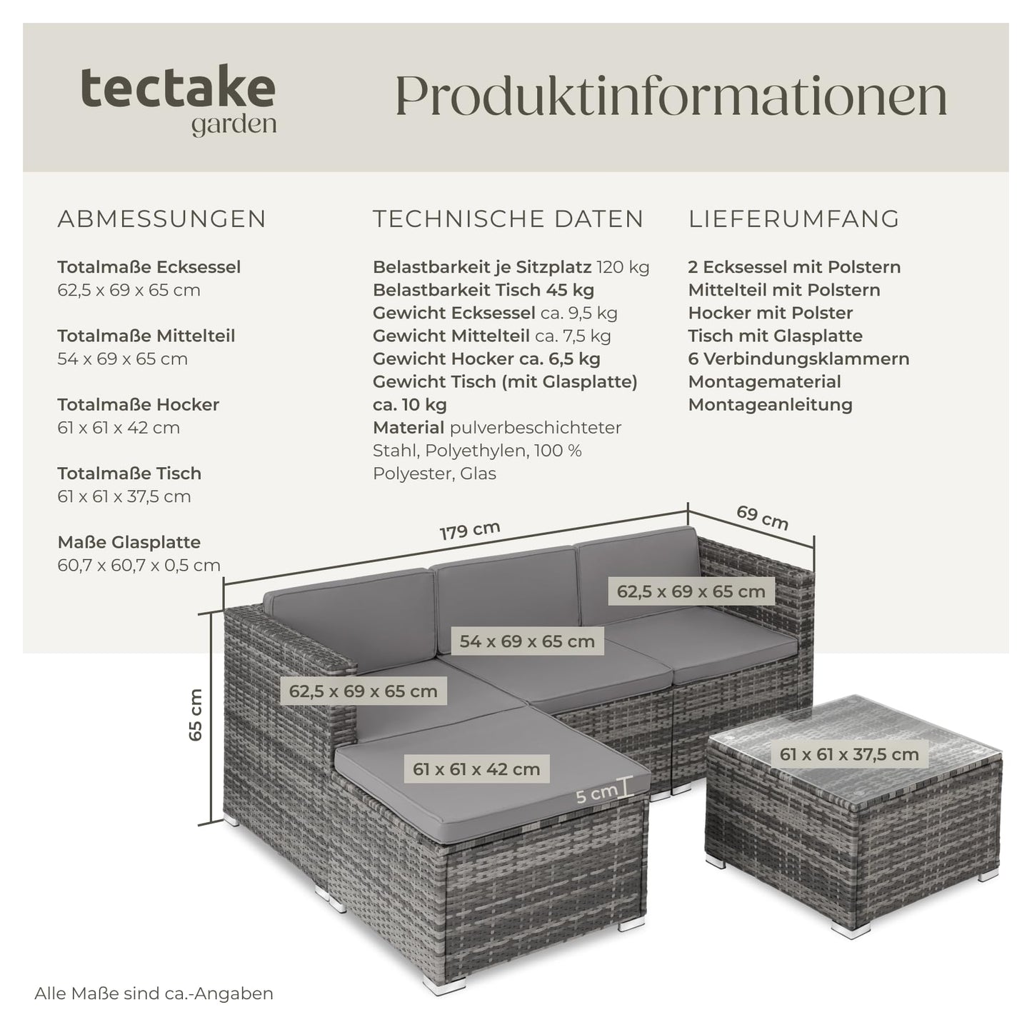 tectake® Poly Rattan Lounge-Sitzgruppe mit Sofa, Sessel, Hocker und Tisch: Wetterfest