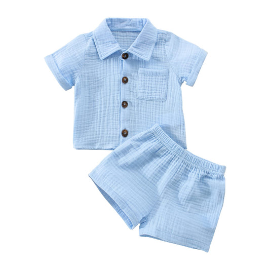 Zweiteiler-Kleidung-Set für Kleinkind, Jungen: Baumwolle-Leinen Outfit (Blau - in verschiedenen Größen)