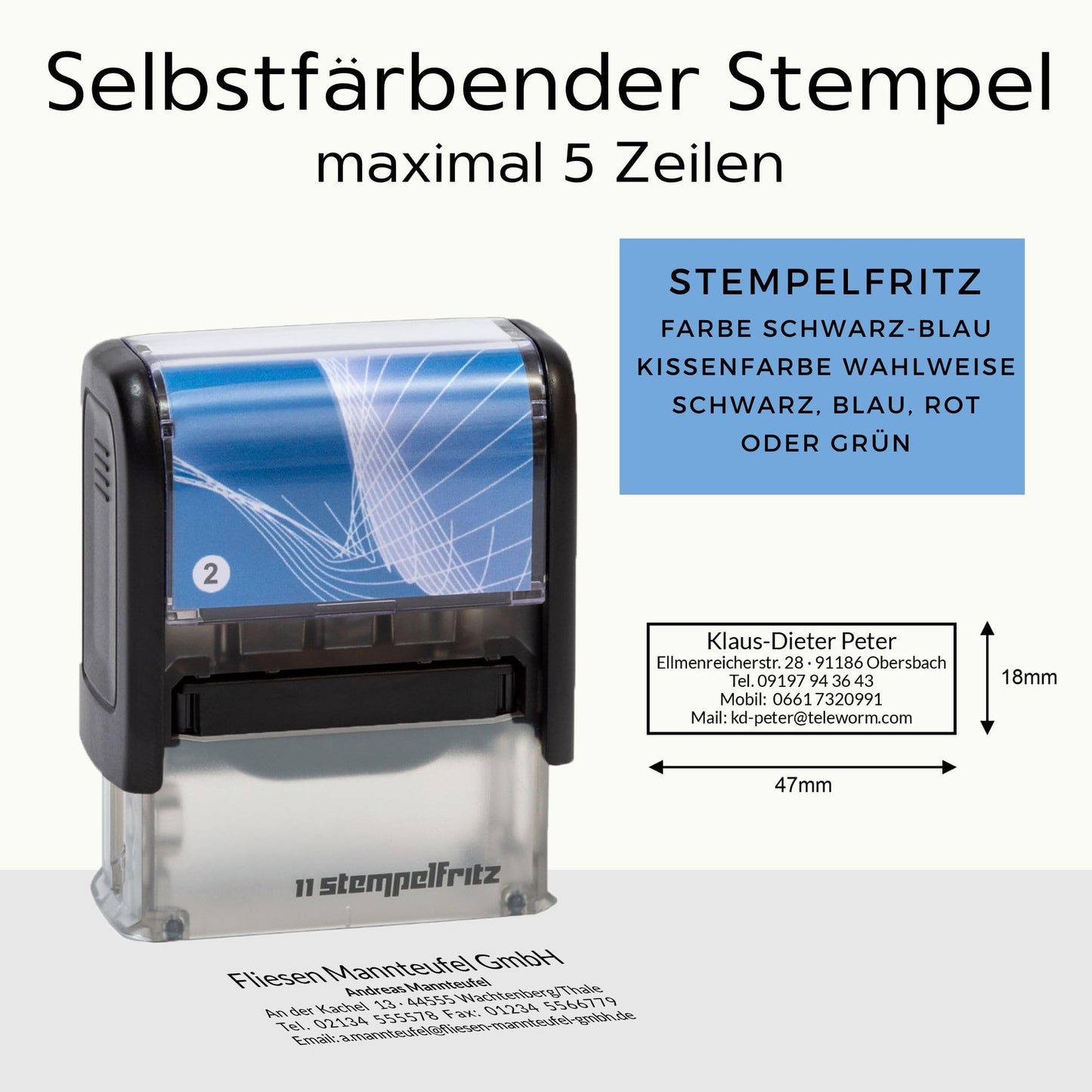 stempelfritz personalisierter Firmenstempel mit Gehäuse in Schwarz-Blau