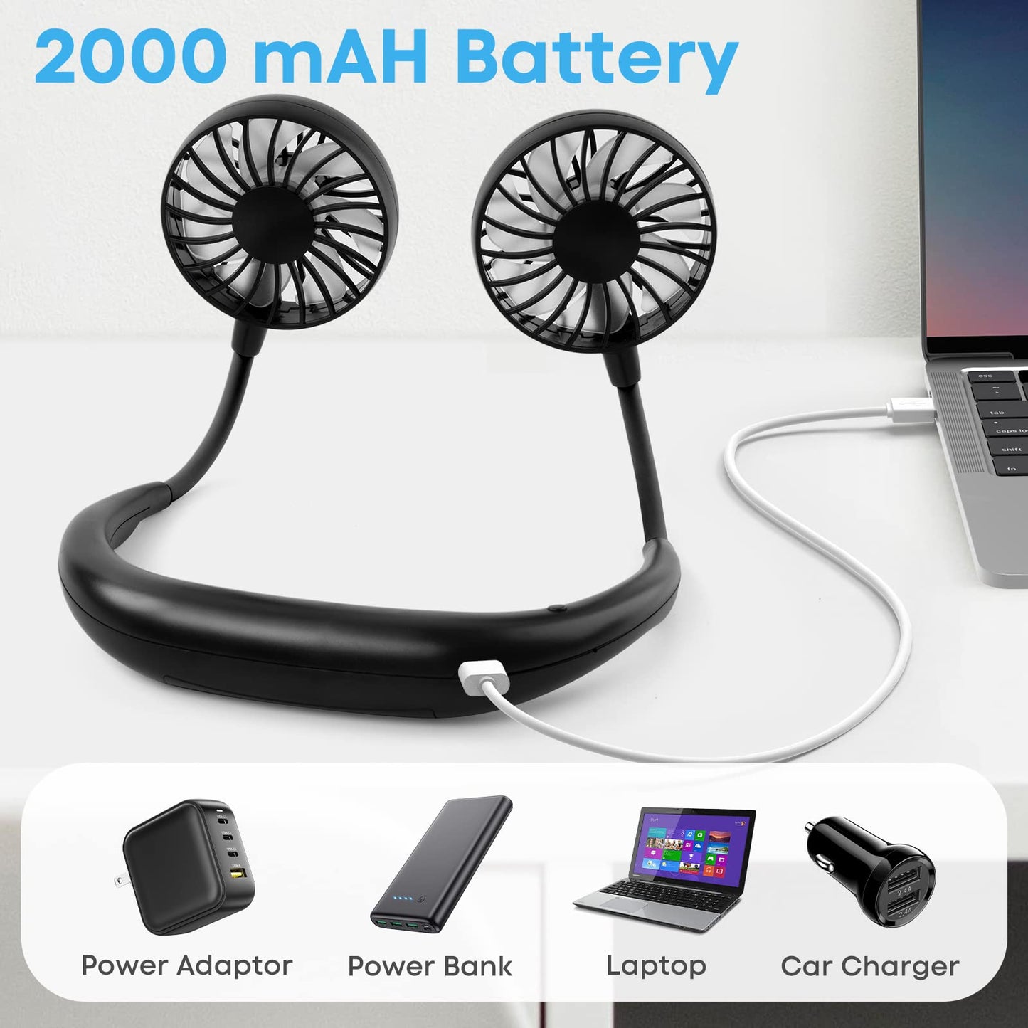 BOSONER Mini-Nackenventilator (2000mAh) mit USB, 360° Luftstrom, Leise