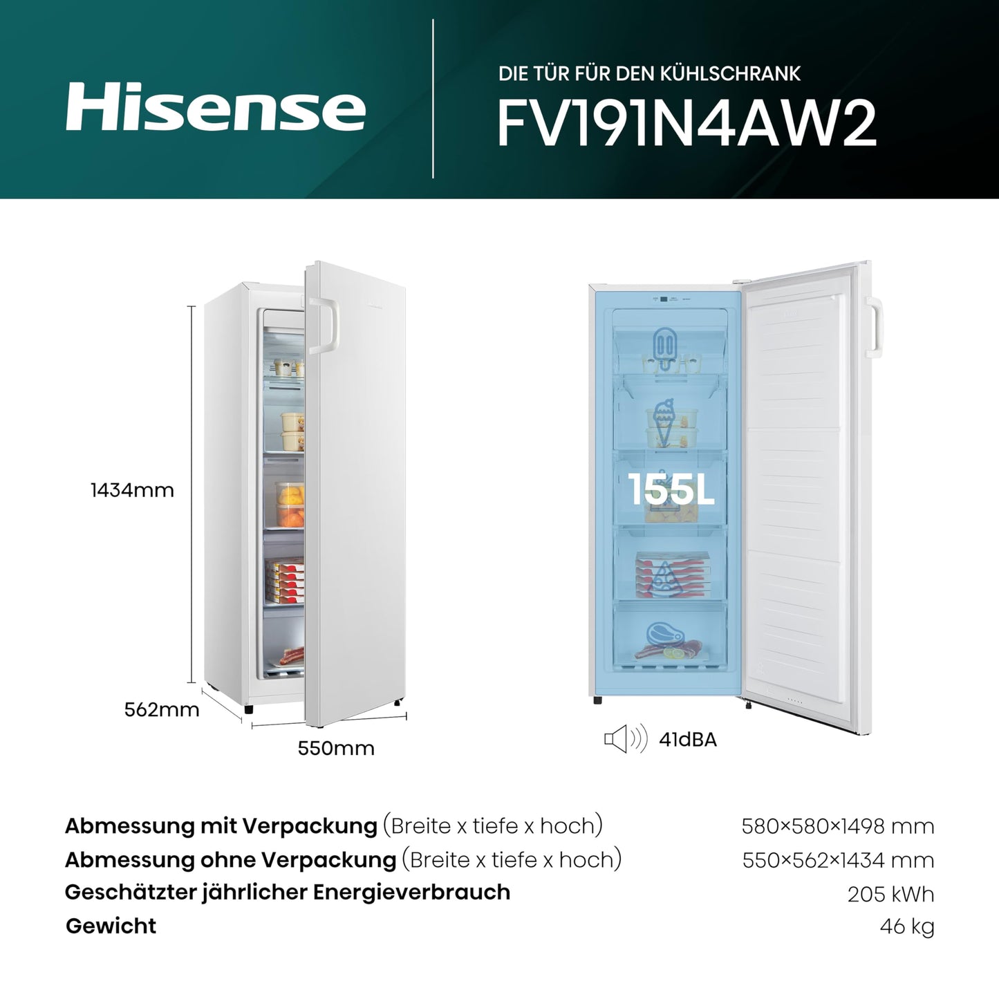 Hisense (FV191N4AW2) Gefrierschrank - TotalNoFrost - Türalarm - Multiflow 360° | 205kWh