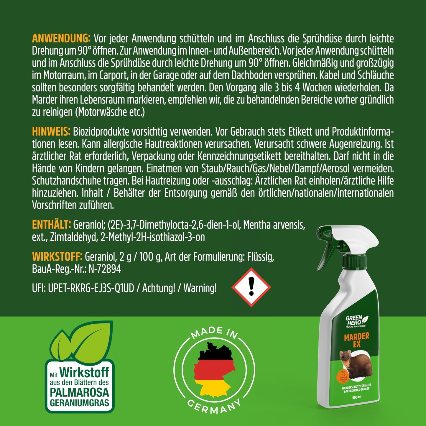 GREEN HERO Marder-EX (500ml): Marderabwehr, Marderschreck Auto-Spray