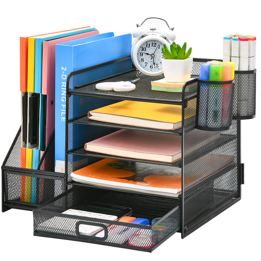 Schreibtisch Organizer mit Aktenhalter: 5-Ablagefächer mit Schublade, 2 Stifthalter (Schwarz)