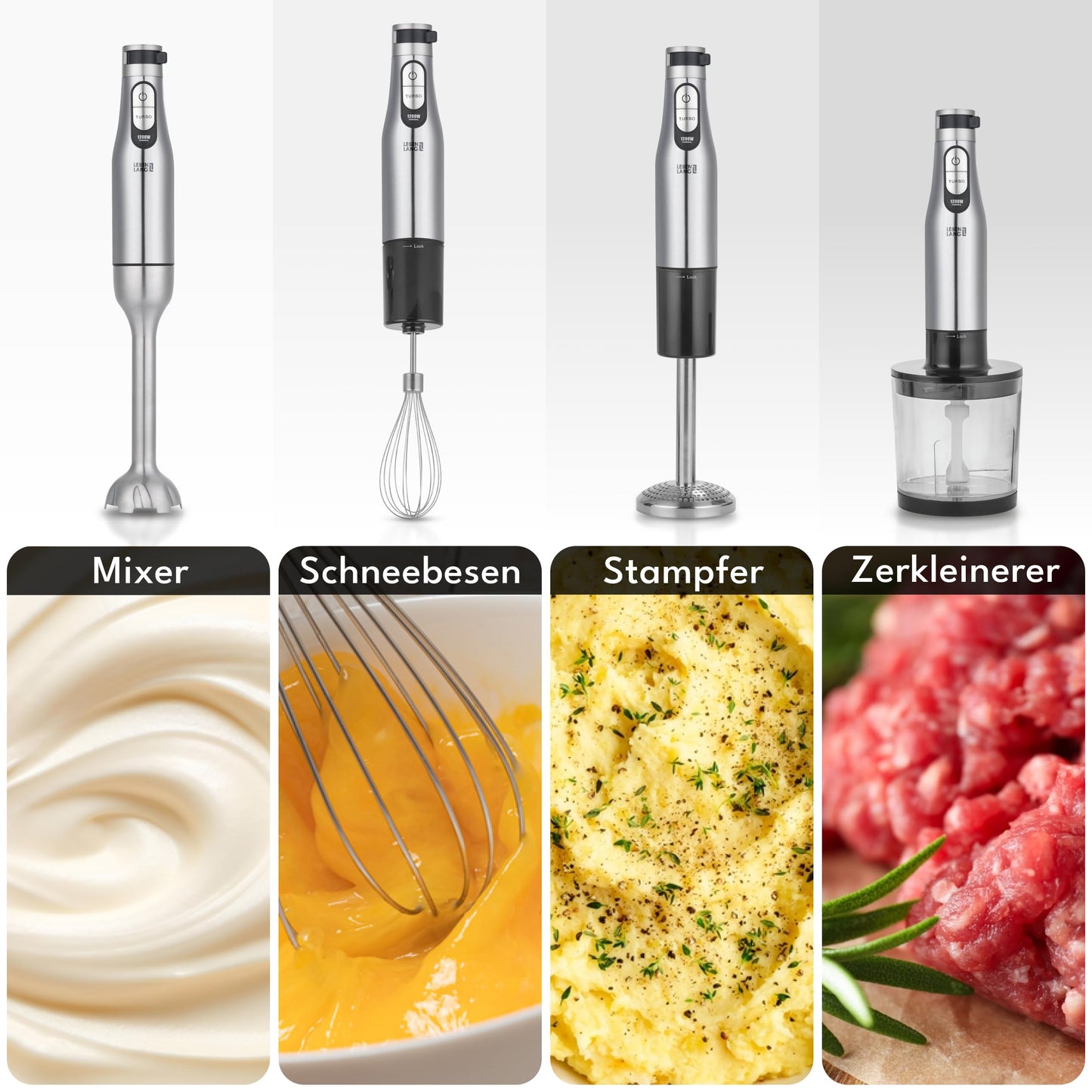 LEBENLANG Premium Stabmixer Set (1200W) inkl. 5x Zubehör & Spritzschutz