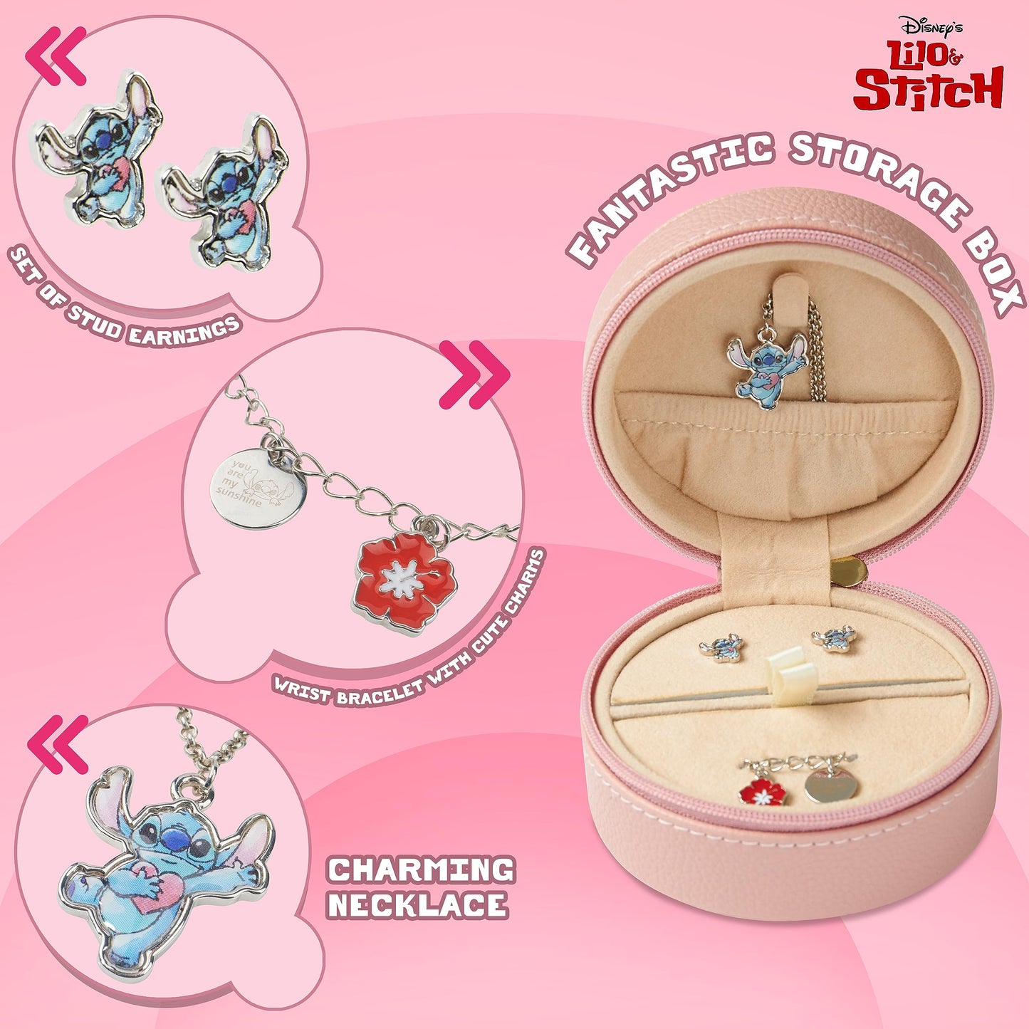 Disney Lilo & Stitch Jewelry Set: Mickey & Minnie Mouse Bracelet, Necklace, Jewelry Box