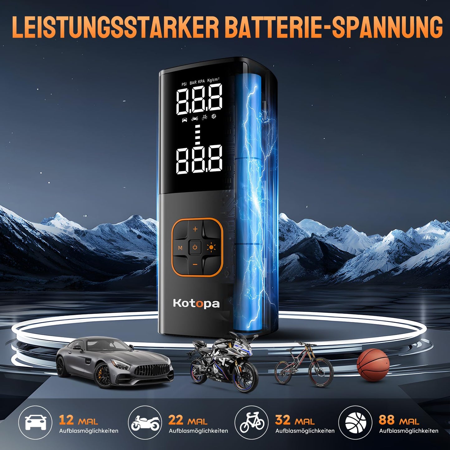 KOTOPA Elektrische Luftpumpe (150PSI): Wiederaufladbare Luftkompressor mit 4 Adapter