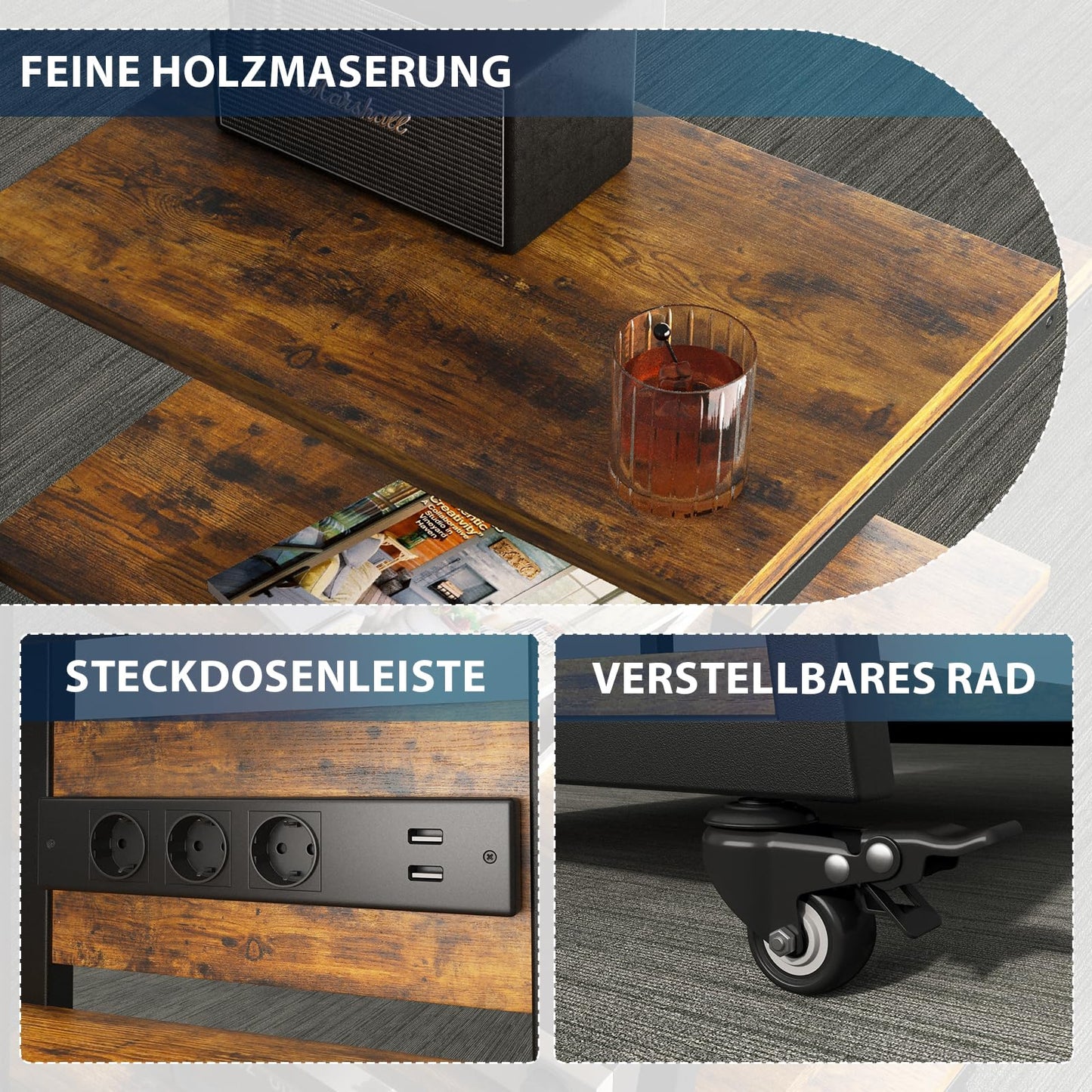 4-stufiger HiFi-Regal mit Rädern, Steckdosenleisten & LED-Leuchten für Stereoanlagen, TV