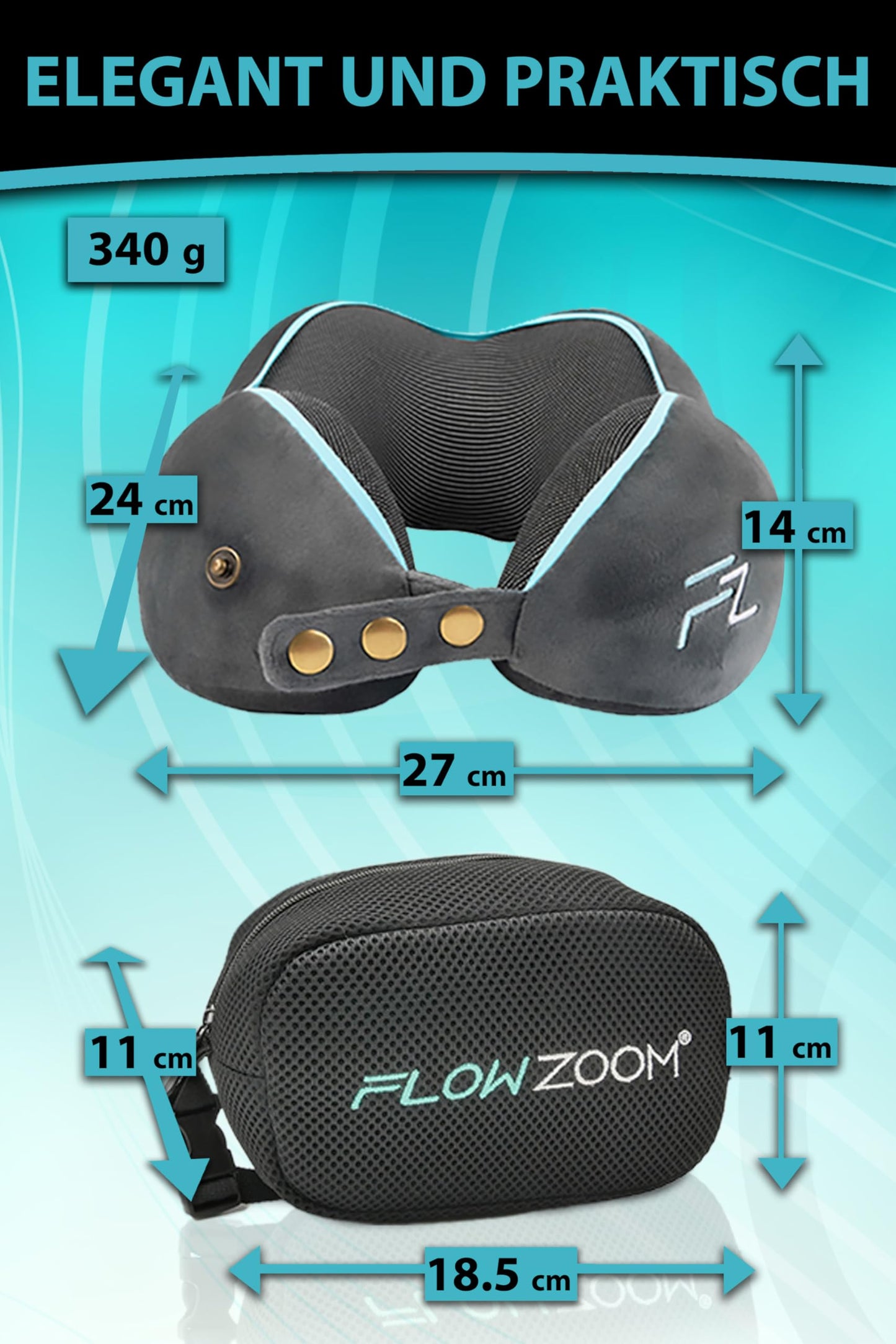 FLOWZOOM Nackenkissen für Flugzeug & Auto | Einstellbares Memory Foam mit flexiblen Druckknöpfen