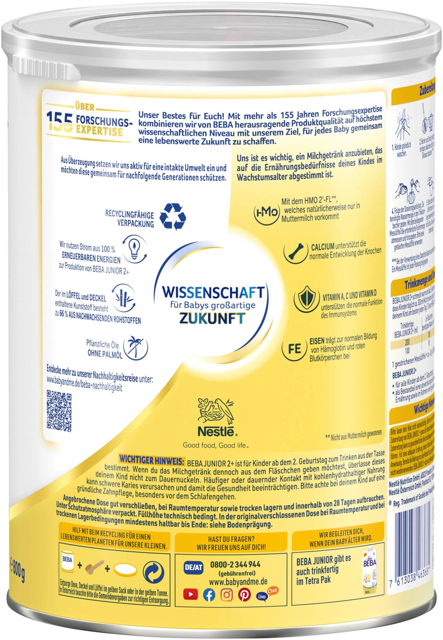 BEBA Junior 2+ Milchgetränk (3x 800g) ab dem 2. Geburtstag: Babynahrung mit HMO 2'-FL