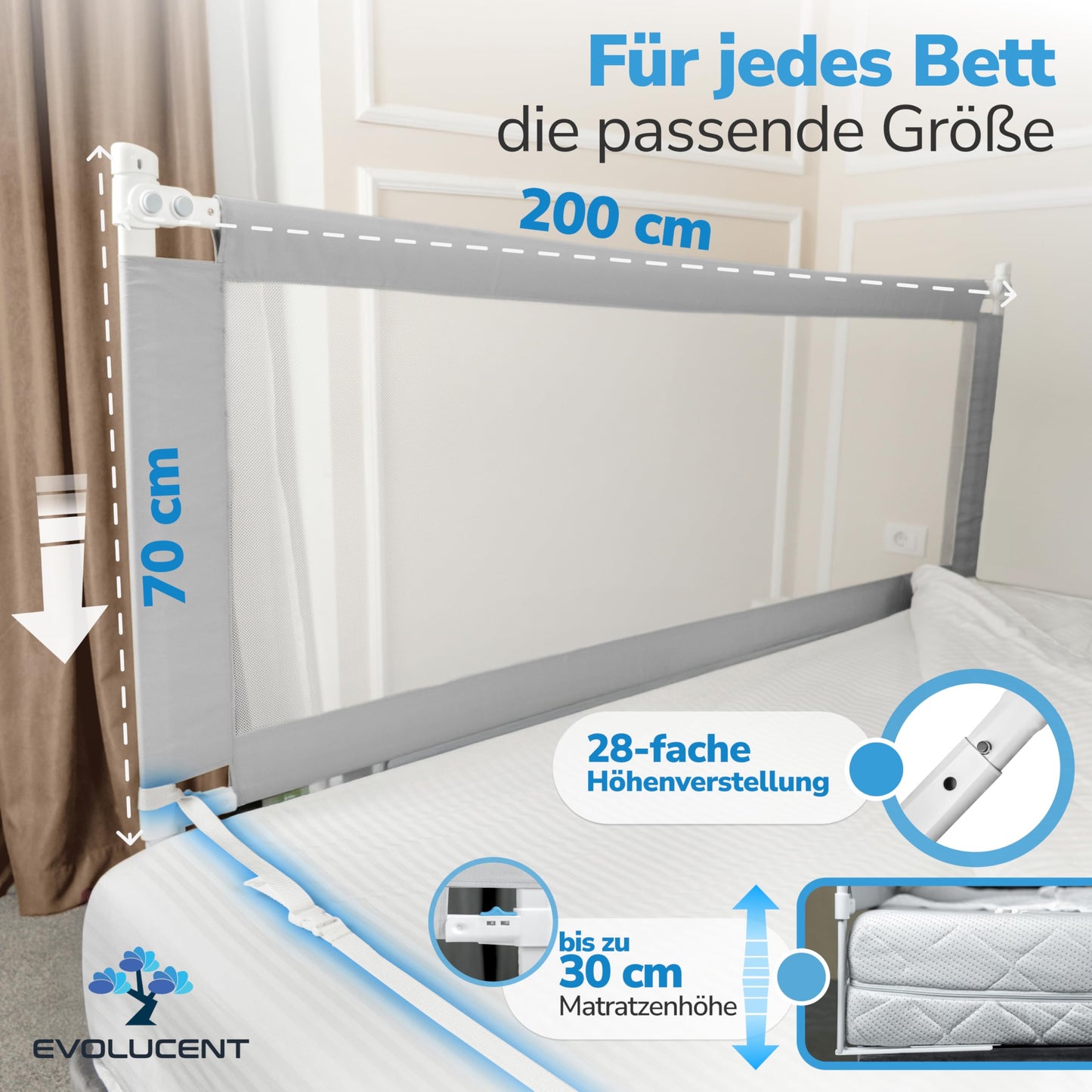EVOLUCENT bed rail (200cm) without screwing with fall protection for parents' bed: Washable