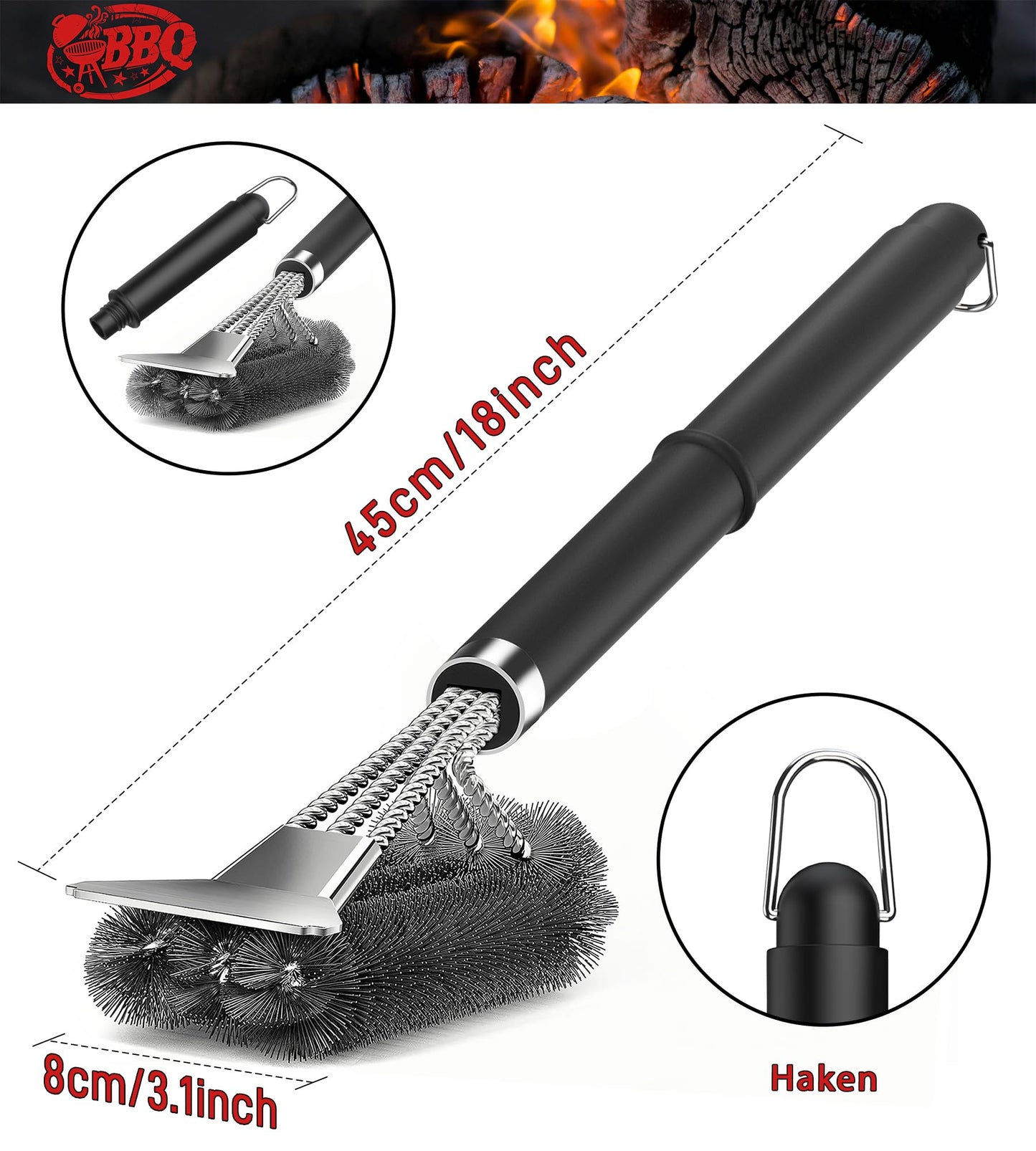 Grillbürste, TNTOR Grill Reinigungsbürste mit Extra Langer Edelstahl Borsten, Edelstahl Spatel und PP Wärmedämmung Griff, für Gasgrill, Holzkohlegrill, Kugelgrill, Elektrogrill und Grillrost.