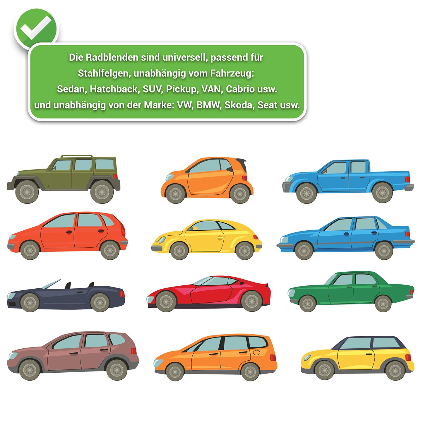 Radkappen (15 Zoll) passend für alle Stahlfelgen (4er Set): Einstellbarer Sicherungsring | Schwarz-Graphit