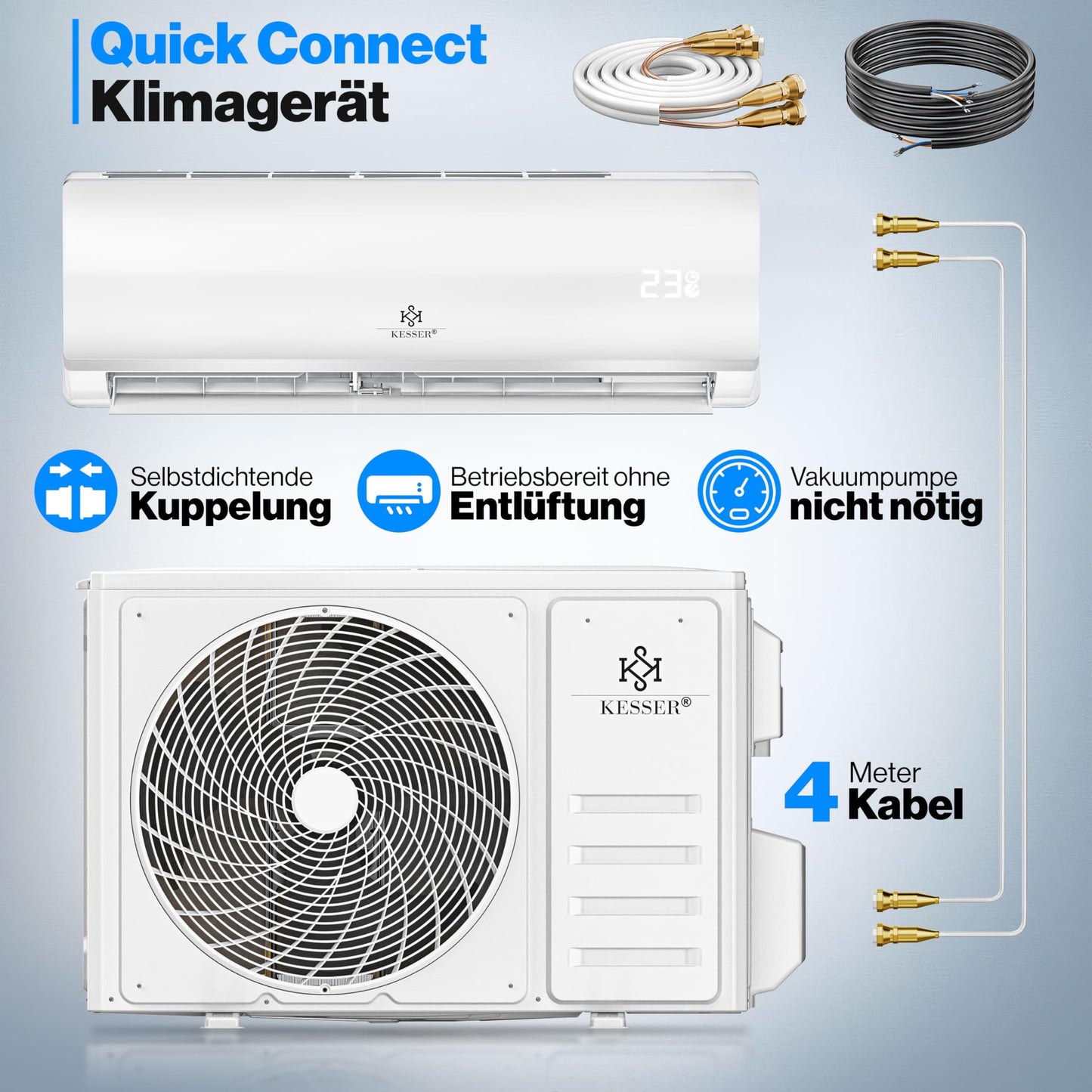 KESSER® 'Quick Connect' Split Klimaanlage-Set mit Heizfunktion: 12000BTU, 3,4kW, WiFi & App